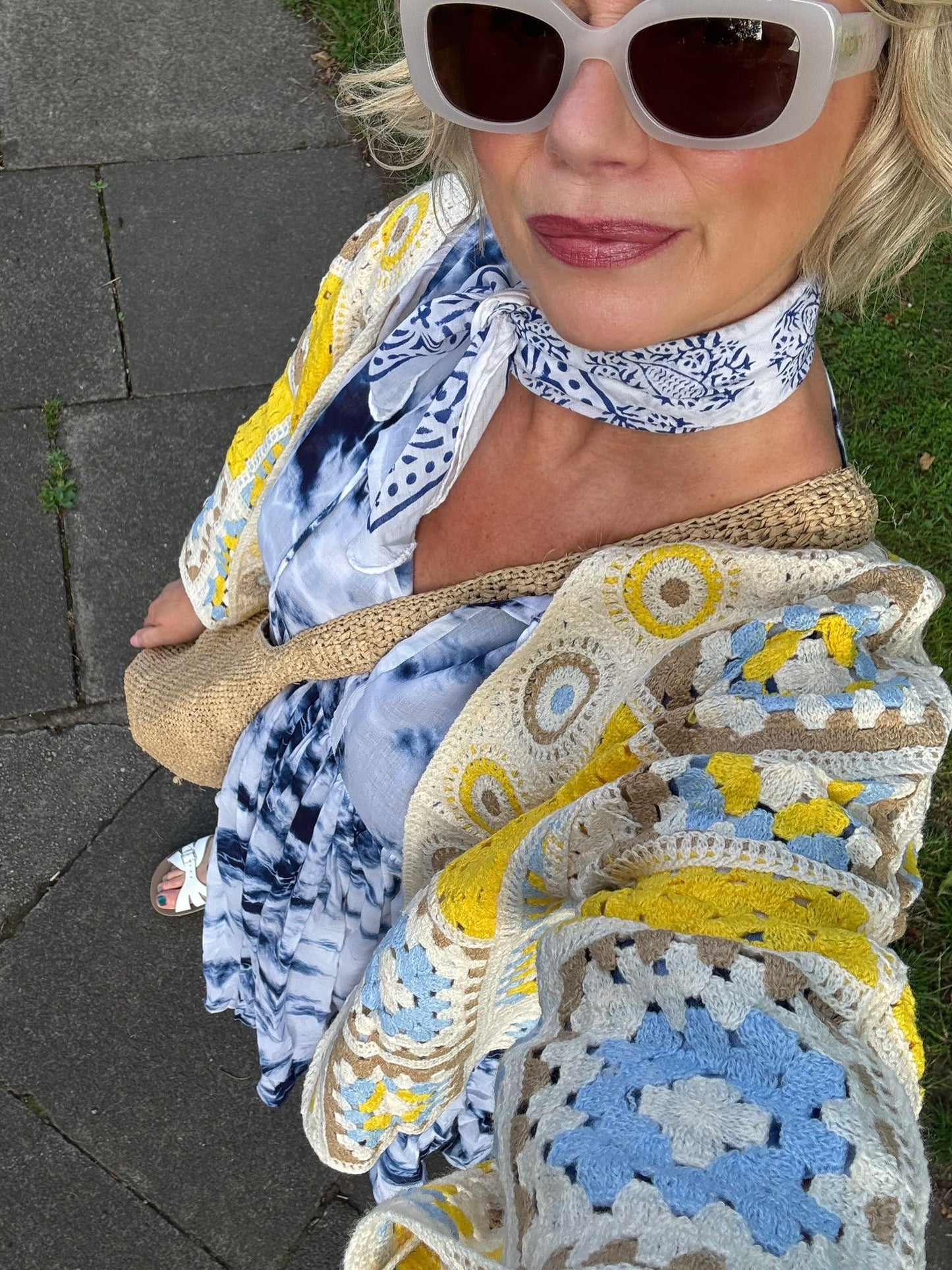 KOKO CROCHET CARDIGAN YELLOW & SKY BLUE *New
