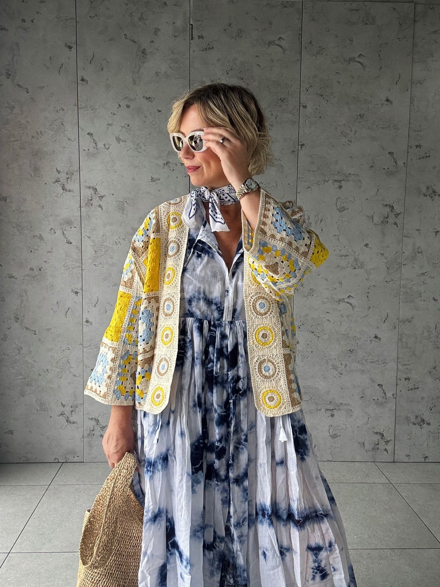 KOKO CROCHET CARDIGAN YELLOW & SKY BLUE *New