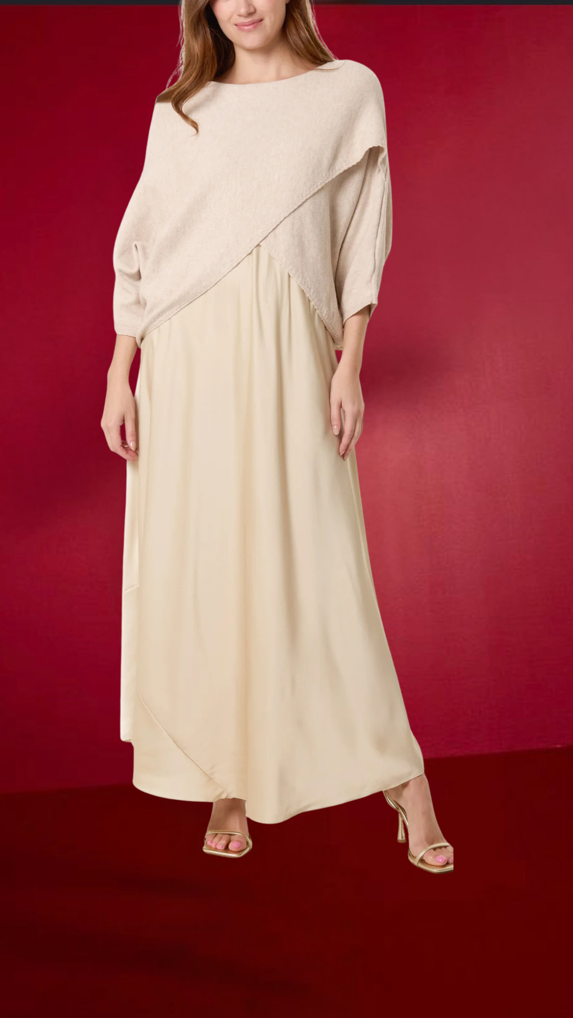 MABLE OPEN KNIT AND SATIN MAXI DRESS CHAMPAGNE *New