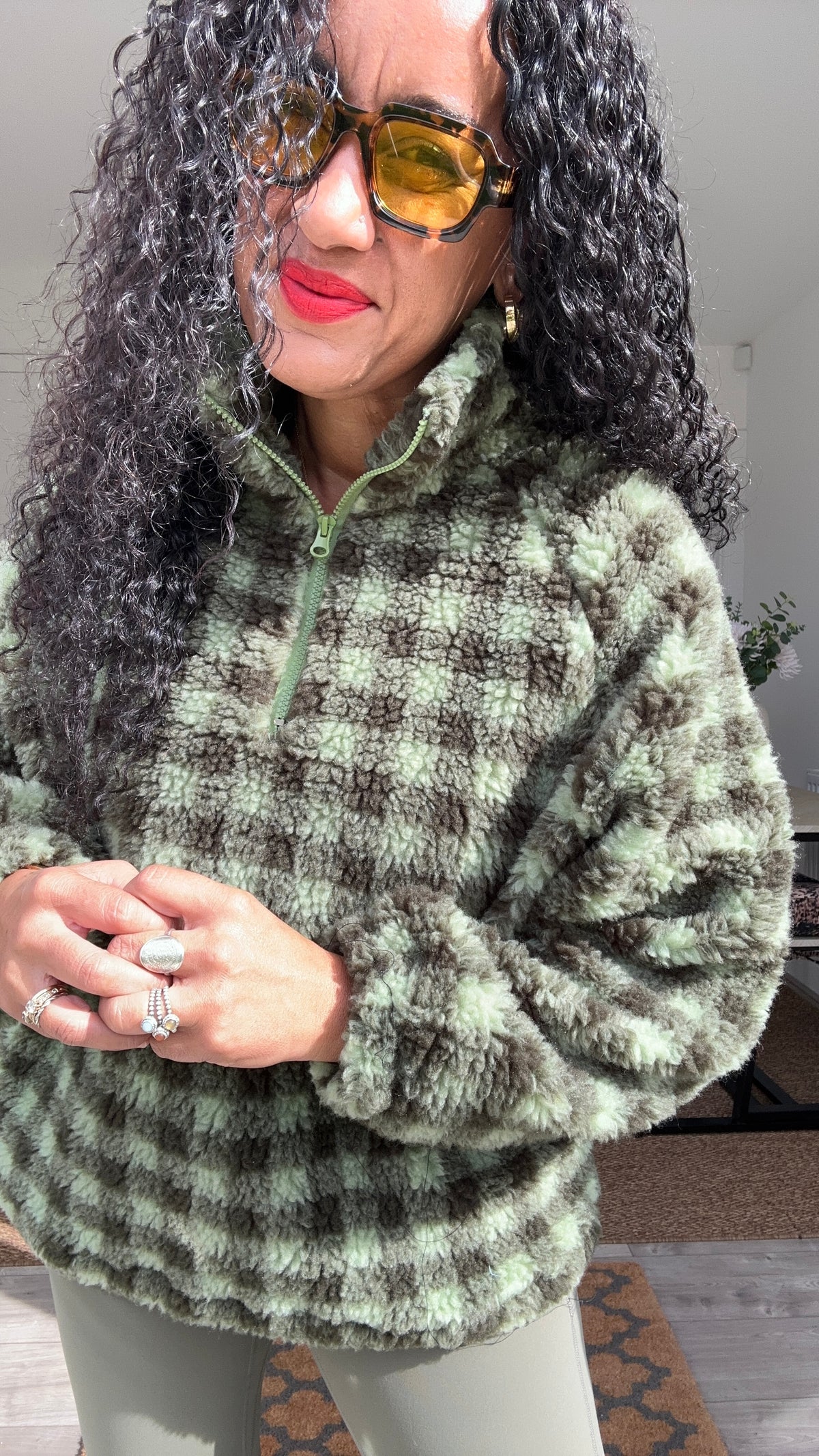 YASMIN CHECKERBOARD FLEECE GREEN & BROWN *New