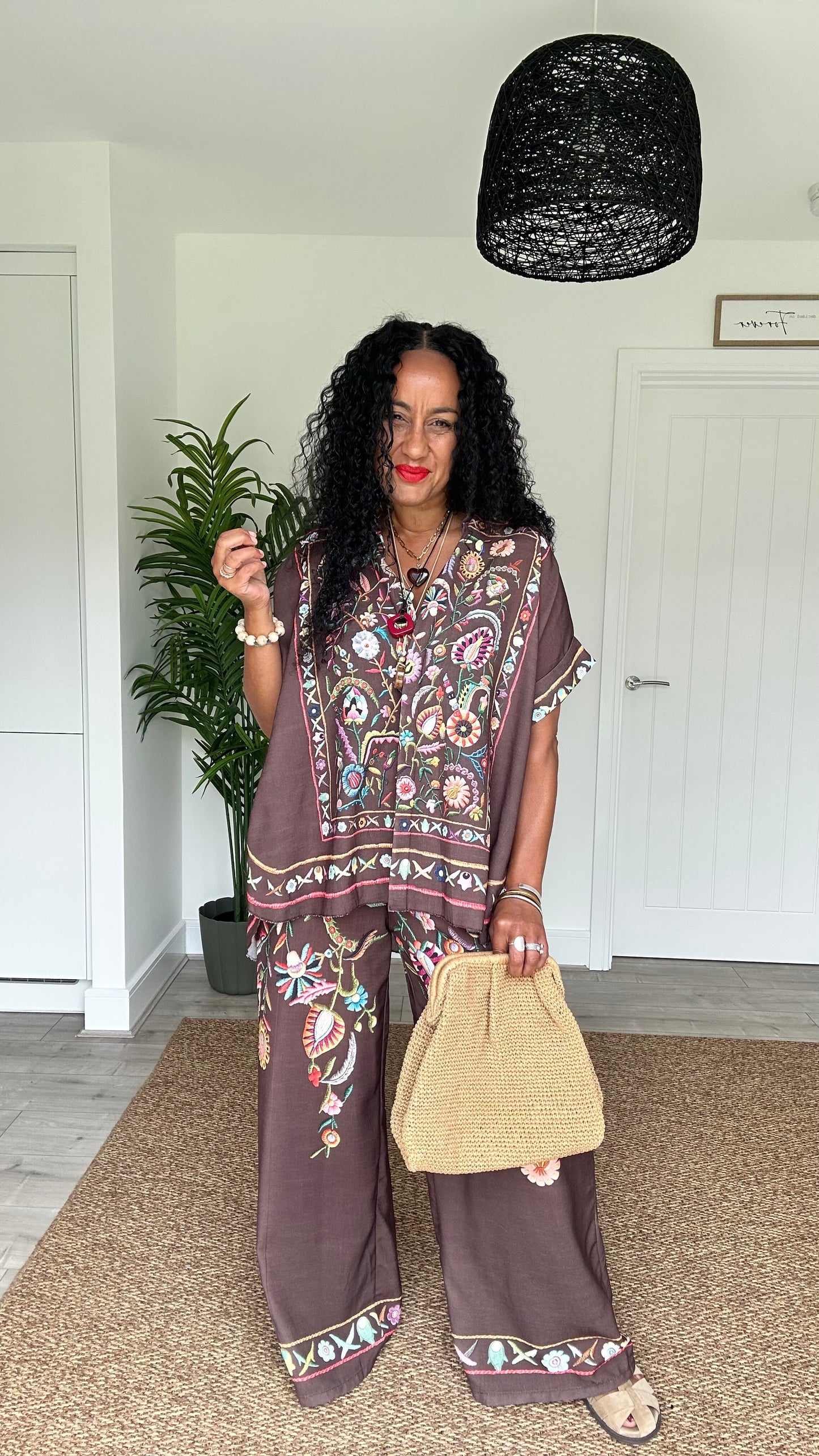 CLEO EMBROIDERED BOHO WIDE LEG TROUSERS BROWN *New