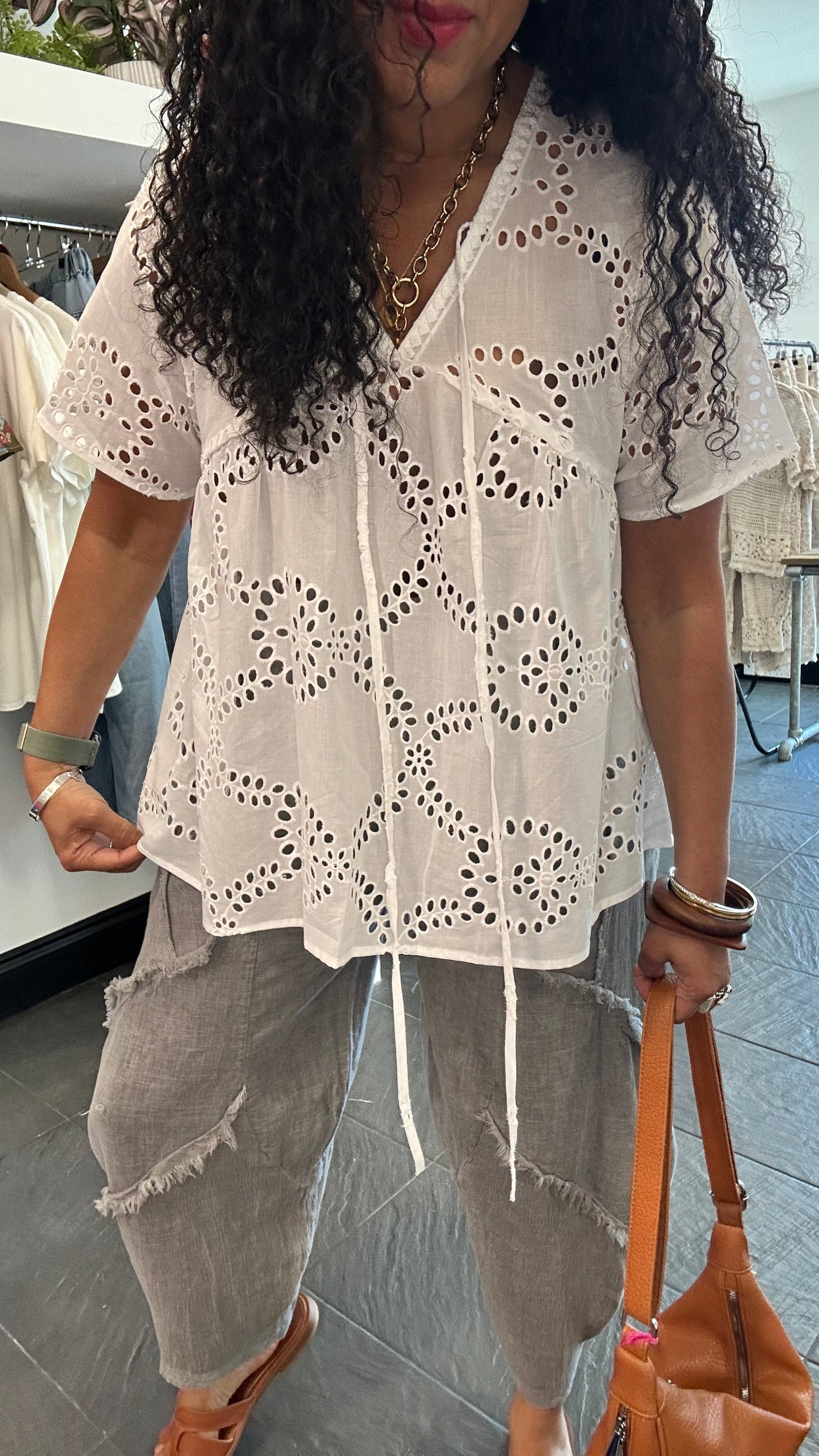 SALE DOT EMBROIDERY ANGLAISE SMOCK TOP WHITE