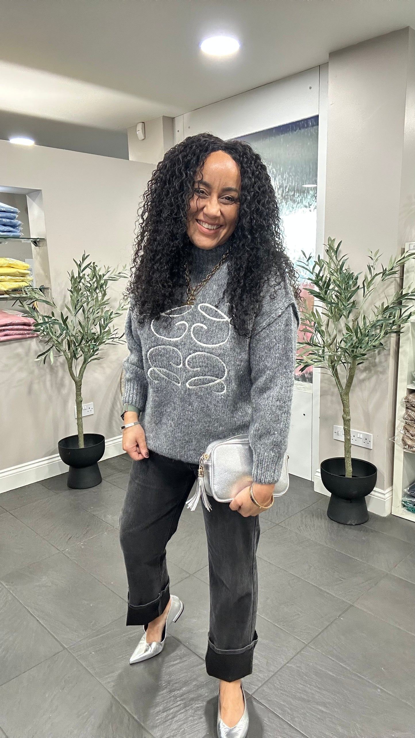 SALE EVIE EMBROIDERY STITCH OVERSIZED JUMPER GREY