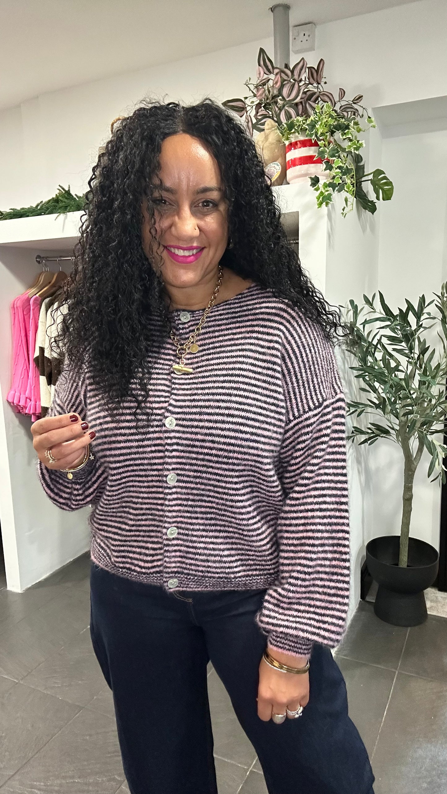 RACHEAL STRIPE KNIT BUTTON CARDIGAN WITH SCARF PURPLE *New