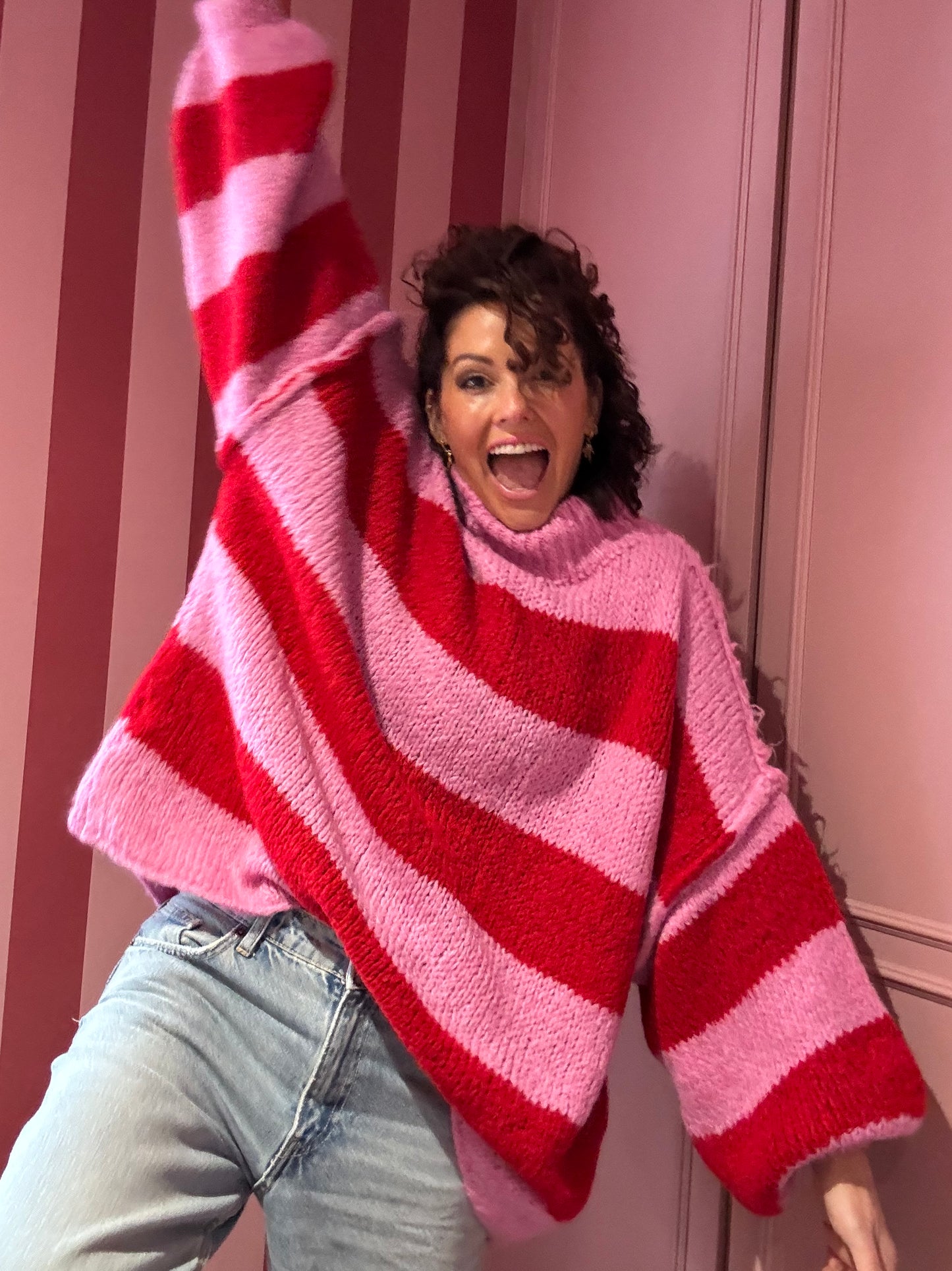 ALEX STRIPED RAW EDGE BALLOON SLEEVED JUMPER CANDY CANE RED & PINK *New