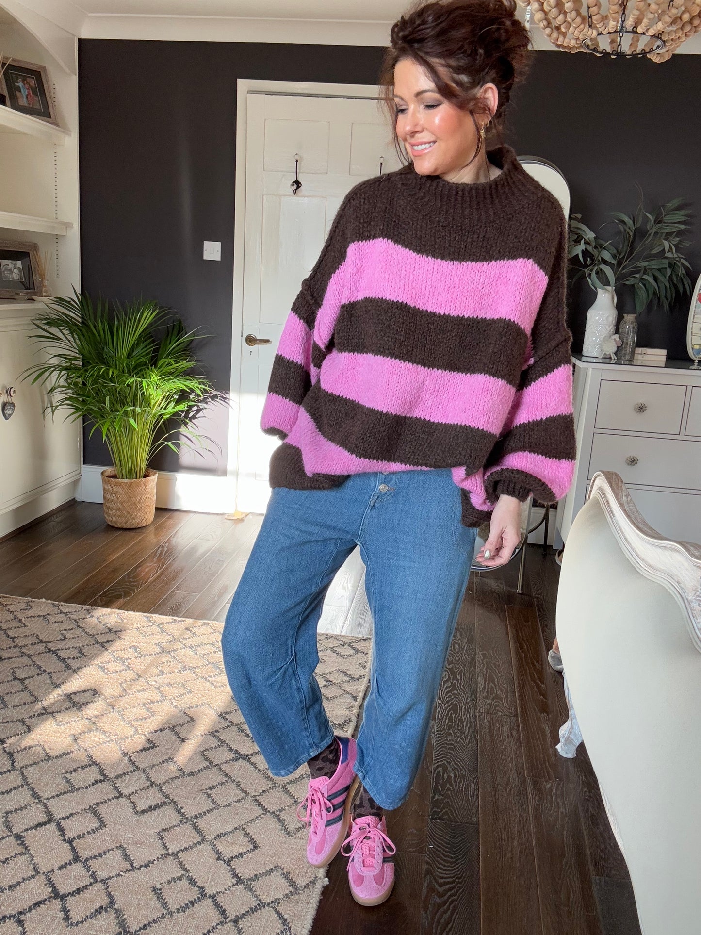 ALEX STRIPED RAW EDGE BALLOON SLEEVED JUMPER RASPBERRY TRUFFLE PINK & CHOCOLATE *New
