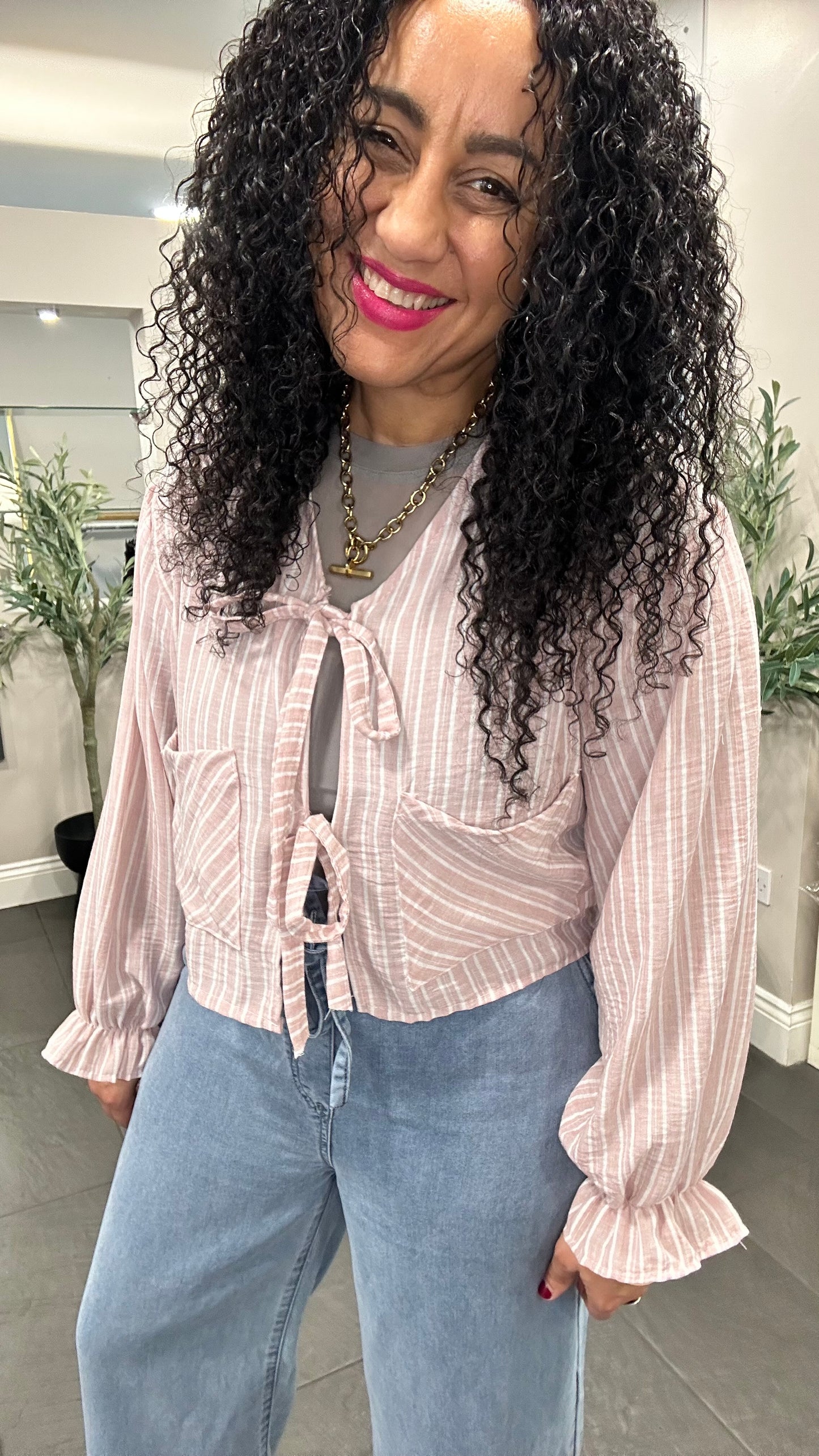 SALE AMY STRIPED FRONT TIE BLOUSE BLUSH PINK