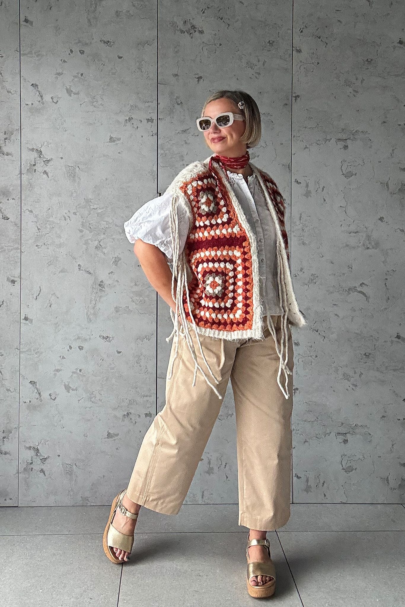 NAVAJO TASSEL OVERSIZED WAISTCOAT CREAM & TERRACOTTA *New