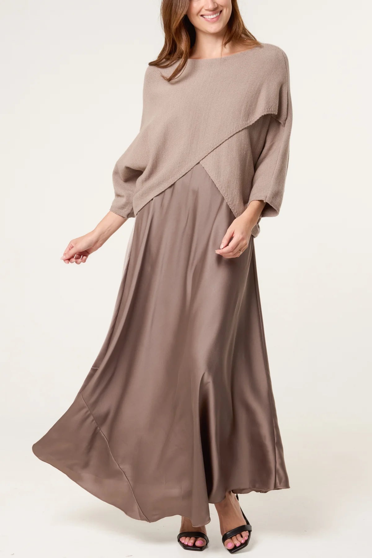 MABLE OPEN KNIT AND SATIN MAXI DRESS MOCHA *New