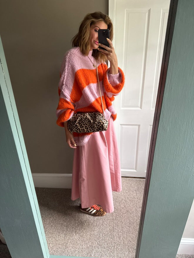 ALEX STRIPED RAW EDGE BALLOON SLEEVED JUMPER FRUIT SALAD ORANGE & PINK *New
