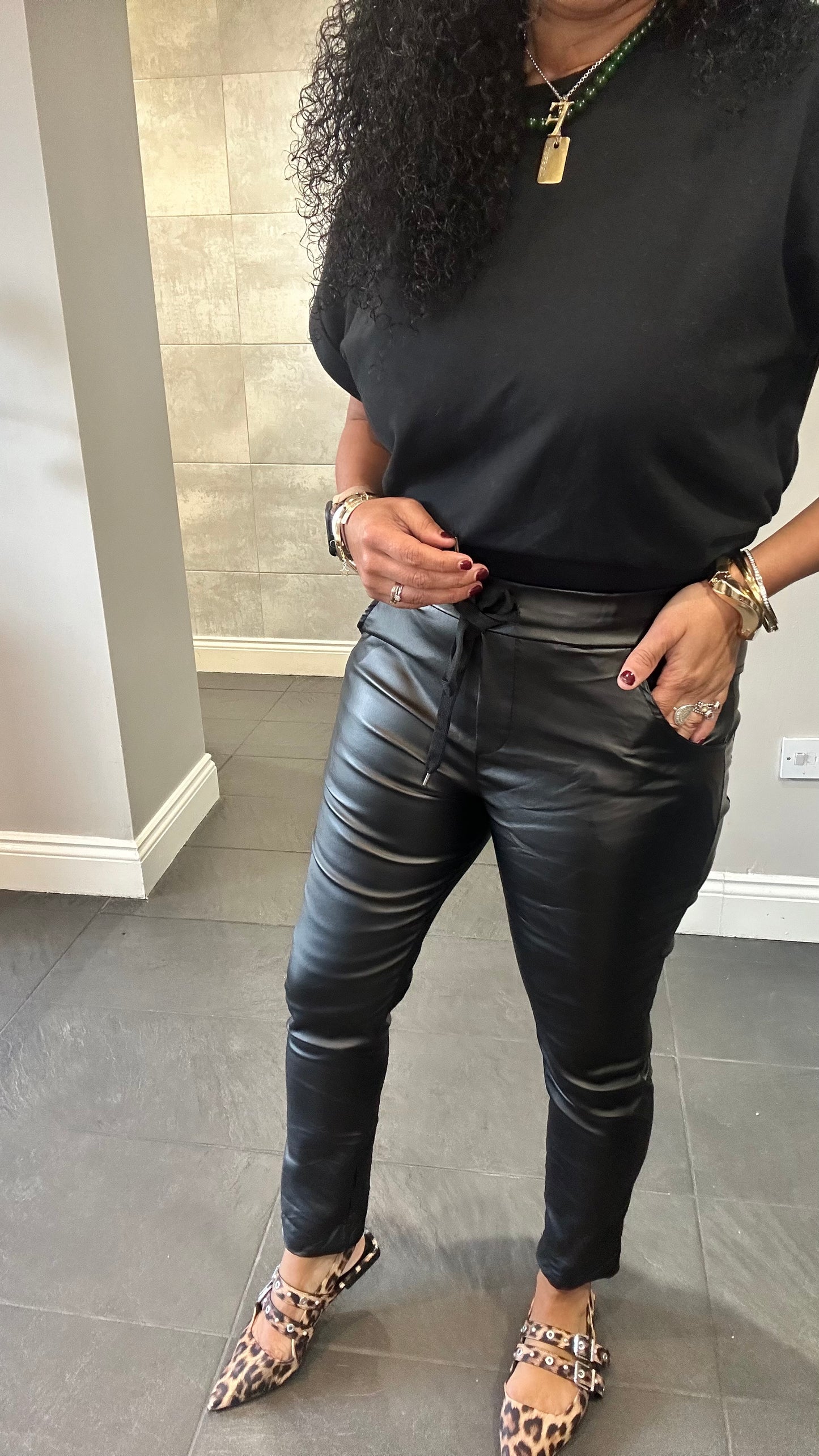 SALE JULIA STRETCH FAUX LEATHER JOGGERS BLACK