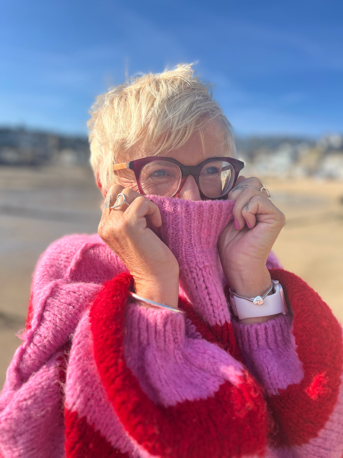 ALEX STRIPED RAW EDGE BALLOON SLEEVED JUMPER CANDY CANE RED & PINK *New