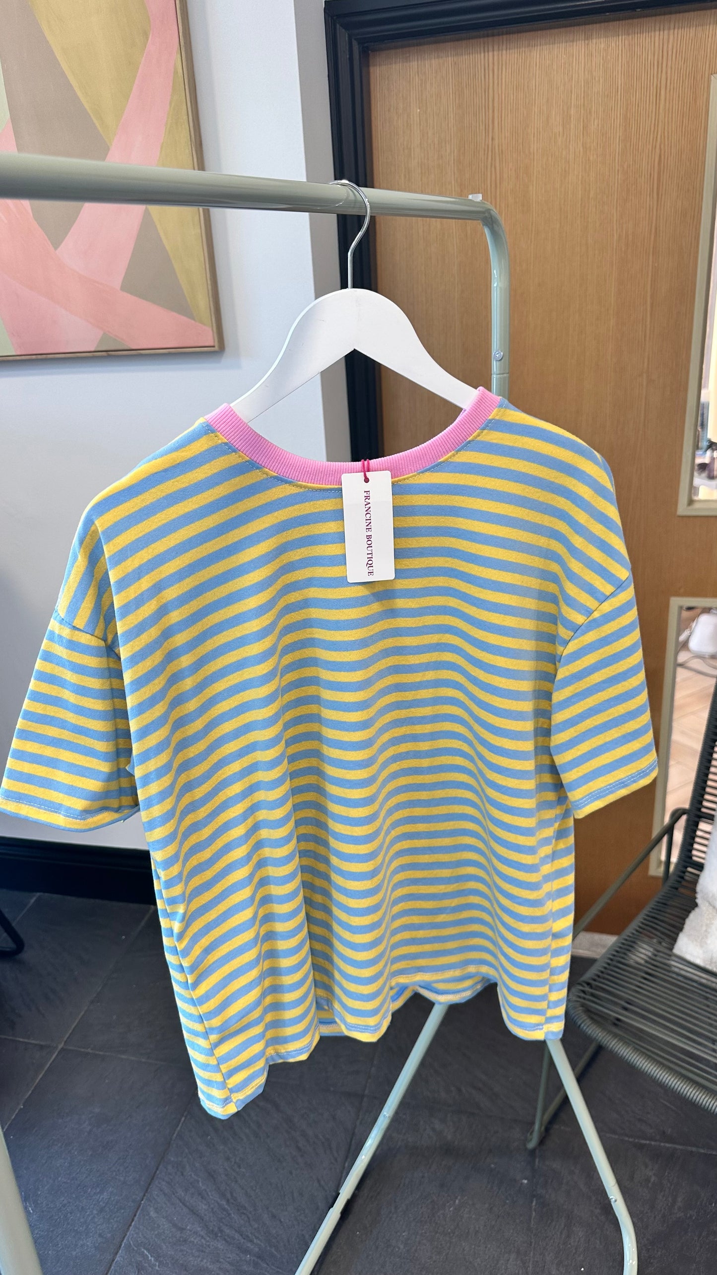 CANDY T SHIRT YELLOW & BLUE STRIPE, PINK TRIM *New