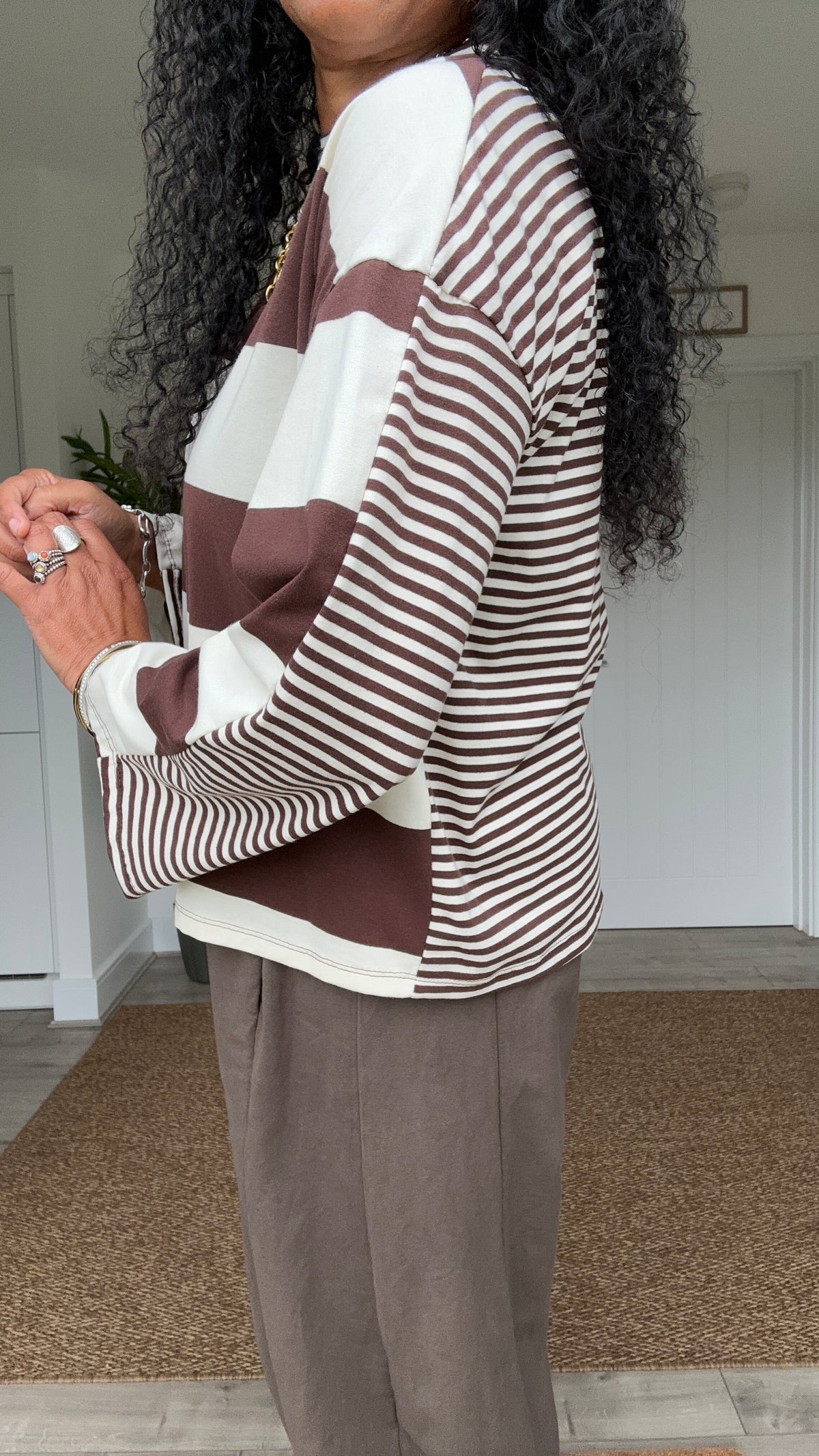 EIRA BLOCK STRIPE JERSEY TOP BROWN & BEIGE *New