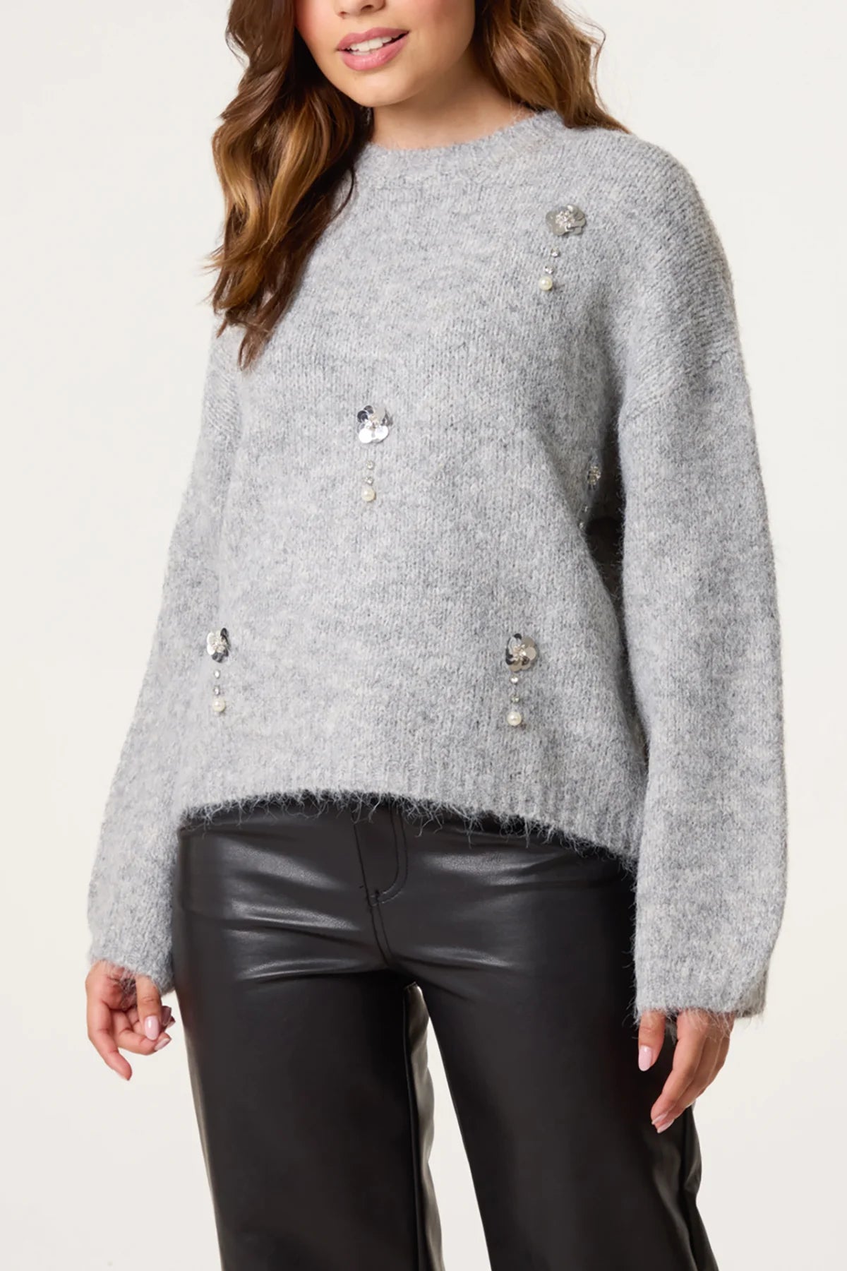 DIAMANTE FLOWER KNIT JUMPER GREY *New