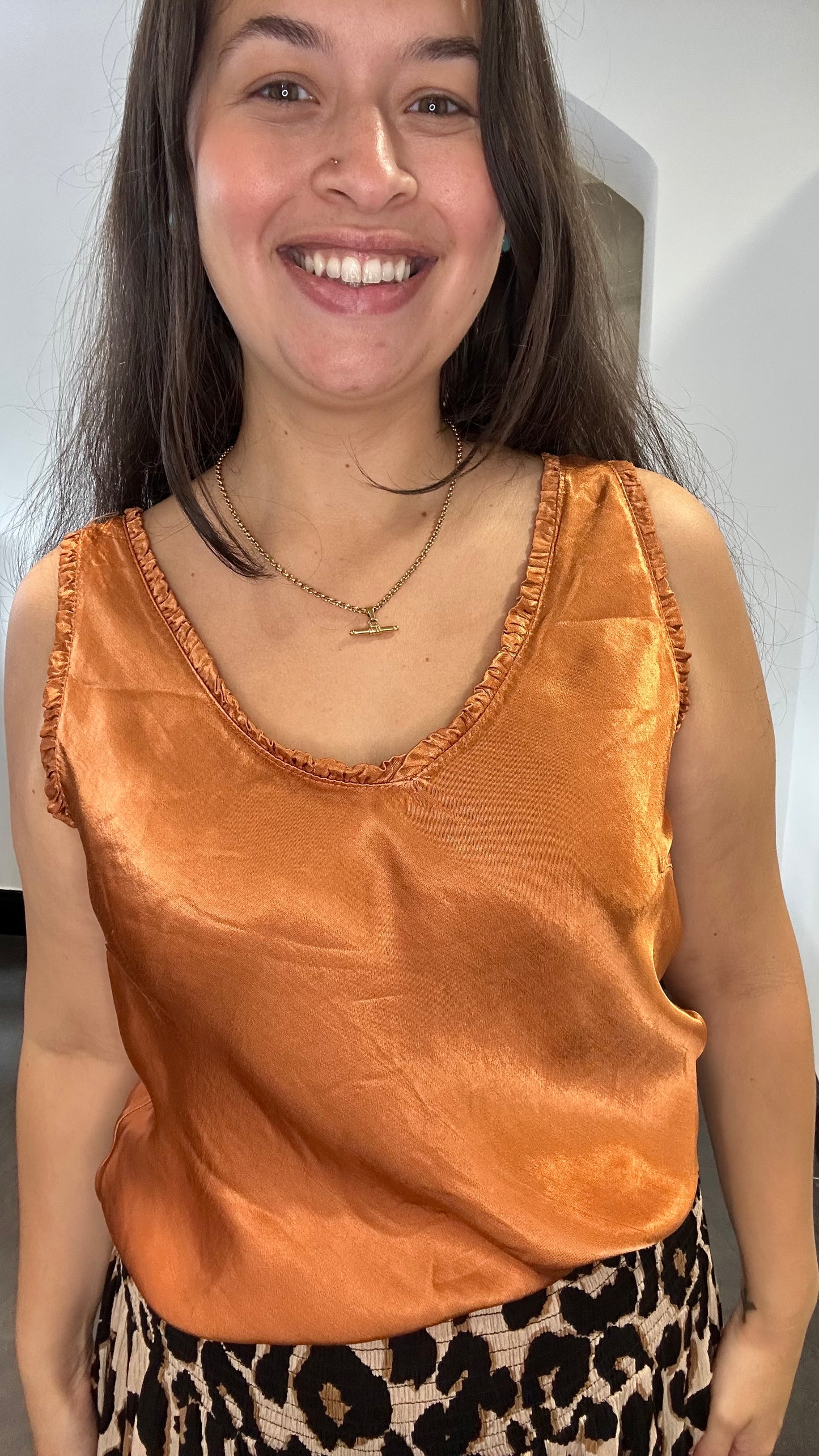 ANNA FRILL TRIM SATIN FEEL VEST COPPER *New