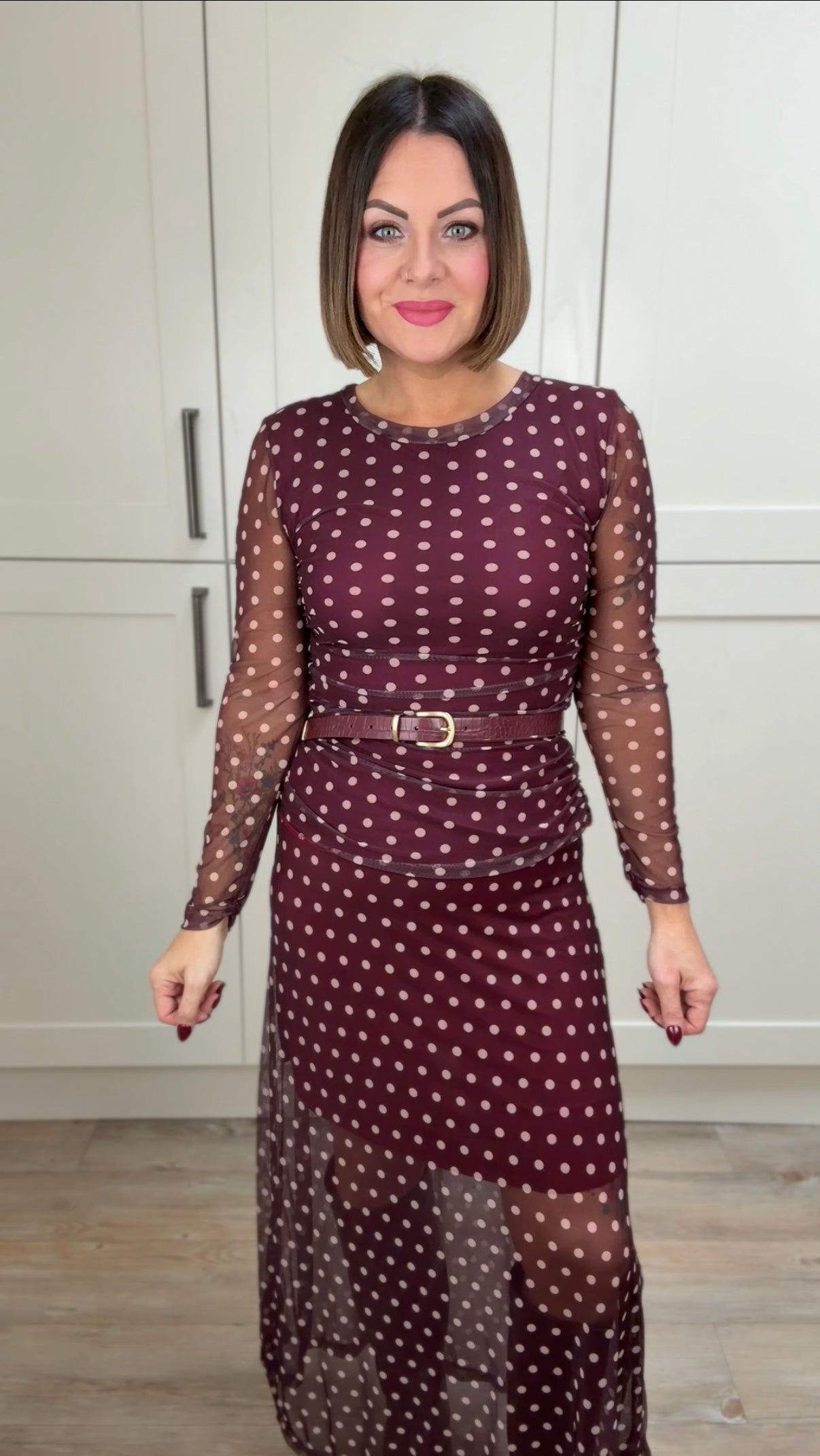 SALE SHEER POLKA DOT LONG SLEEVED TOP BURGUNDY