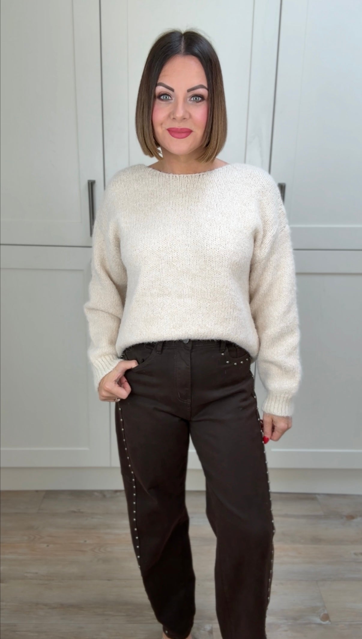 DIAMANTE BOW V-NECK KNIT JUMPER BEIGE MELANGE *New