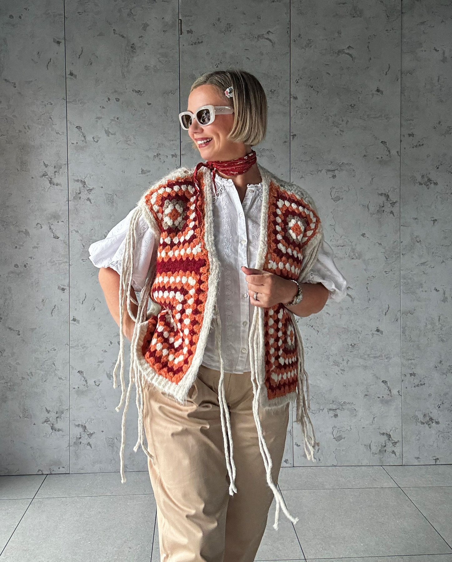 NAVAJO TASSEL OVERSIZED WAISTCOAT CREAM & TERRACOTTA *New