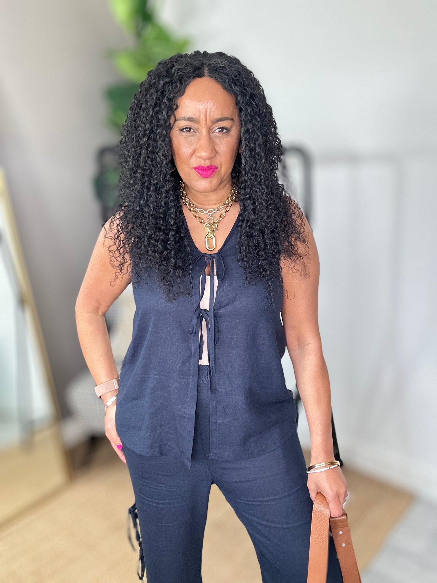 SALE LINEN BOW TIE VEST NAVY
