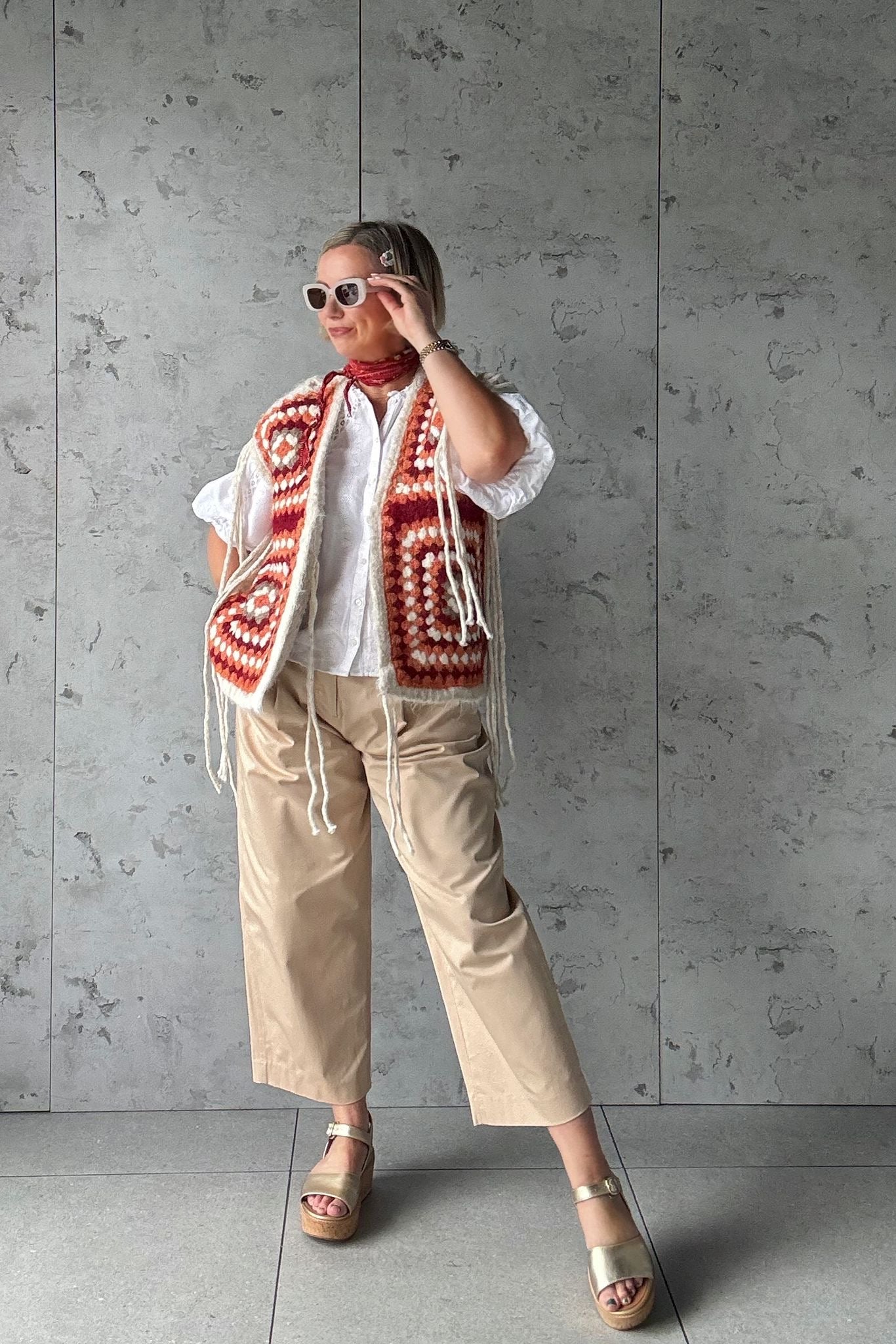 NAVAJO TASSEL OVERSIZED WAISTCOAT CREAM & TERRACOTTA *New