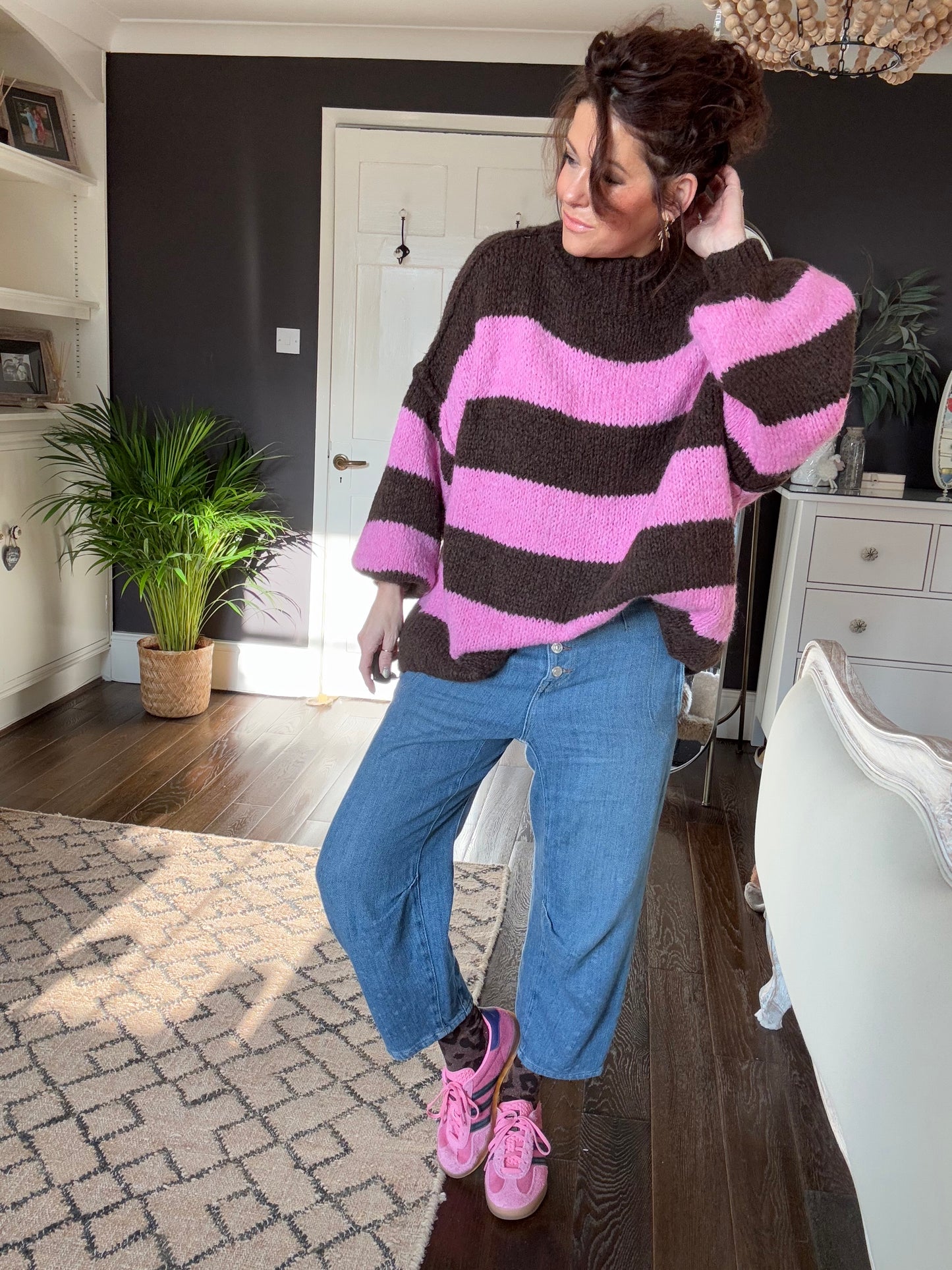 ALEX STRIPED RAW EDGE BALLOON SLEEVED JUMPER RASPBERRY TRUFFLE PINK & CHOCOLATE *New