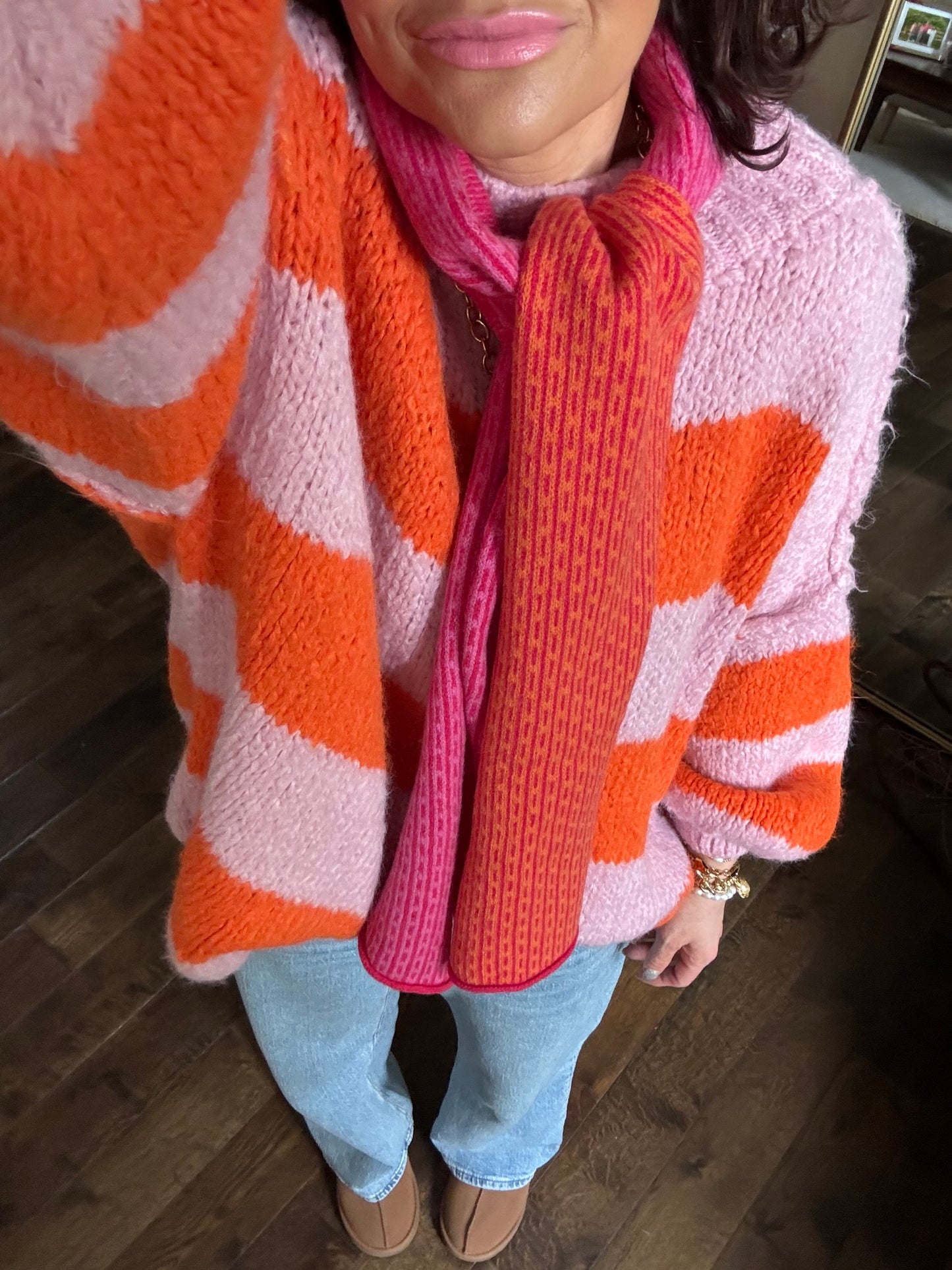 ALEX STRIPED RAW EDGE BALLOON SLEEVED JUMPER FRUIT SALAD ORANGE & PINK *New