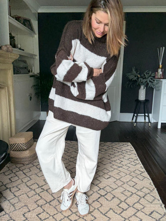 ALEX STRIPED RAW EDGE BALLOON SLEEVED JUMPER CHOCOLATE BROWN & OAT  *New