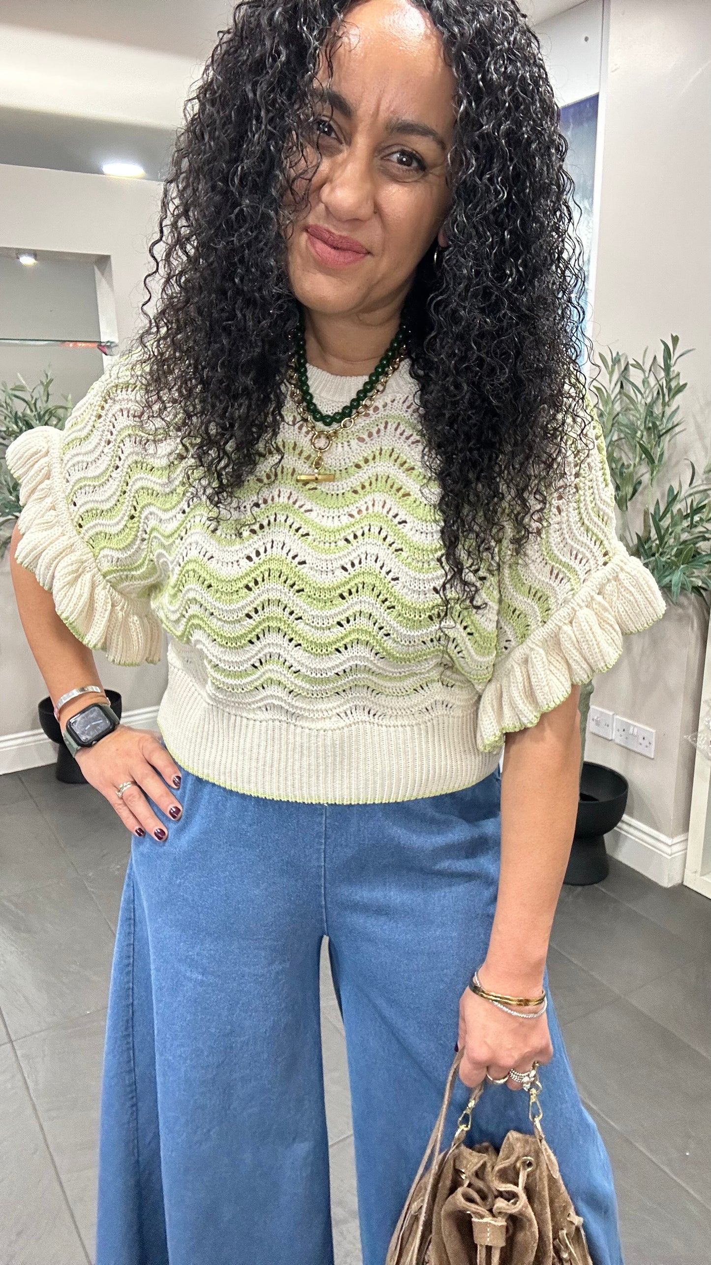 SALE WAVERTREE FRILL SLEEVE CROCHET KNITWEAR GREEN