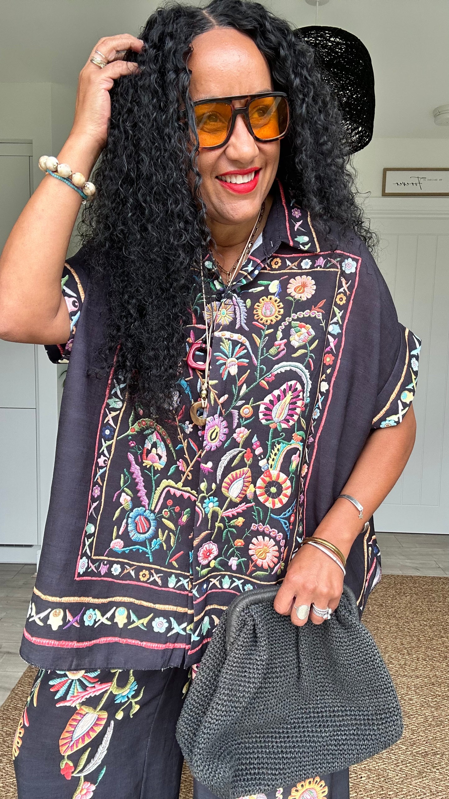 CLEO LASER FLORAL EMBROIDERED BOHO SHIRT BLACK *New