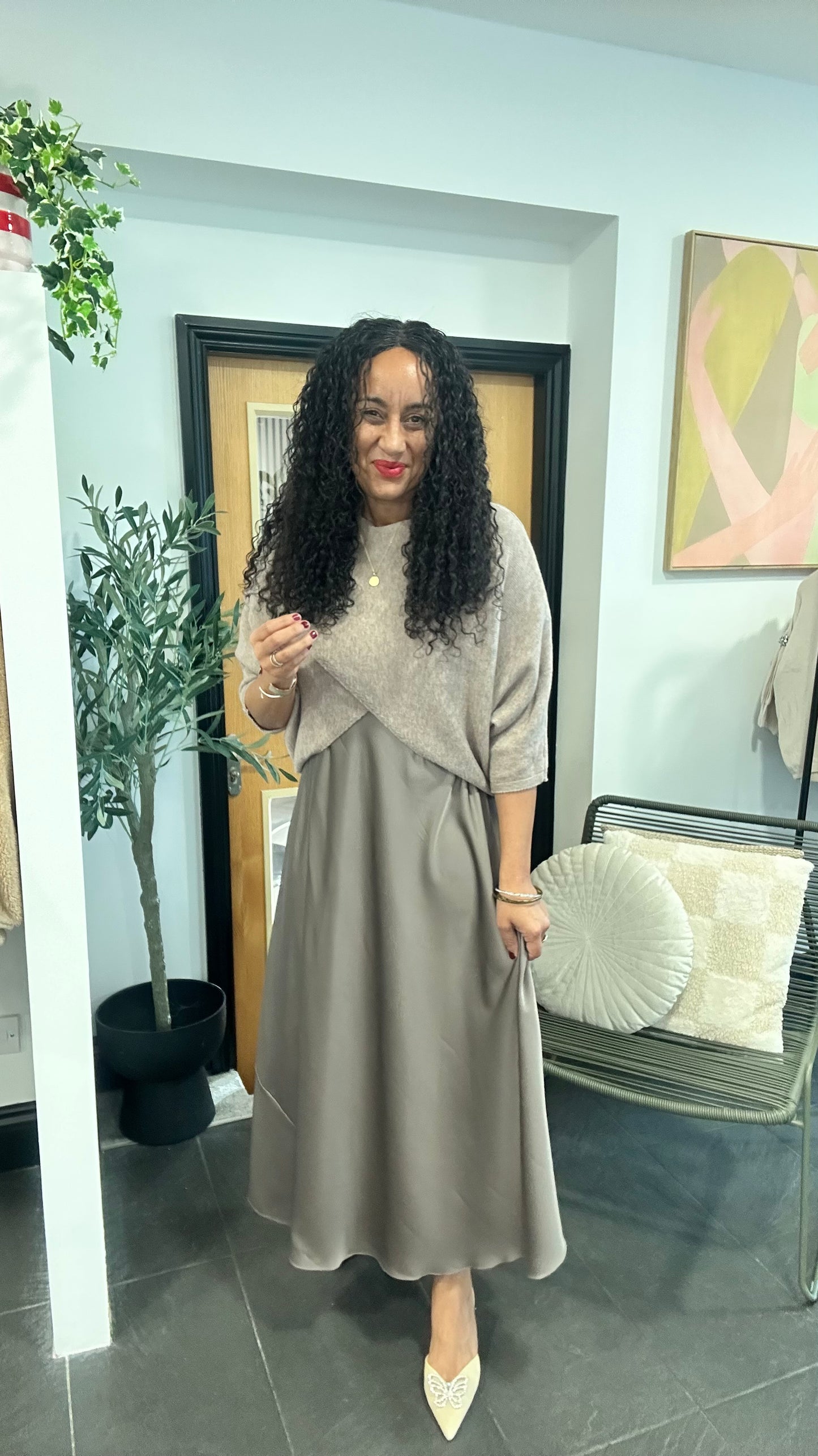MABLE OPEN KNIT AND SATIN MAXI DRESS MOCHA *New