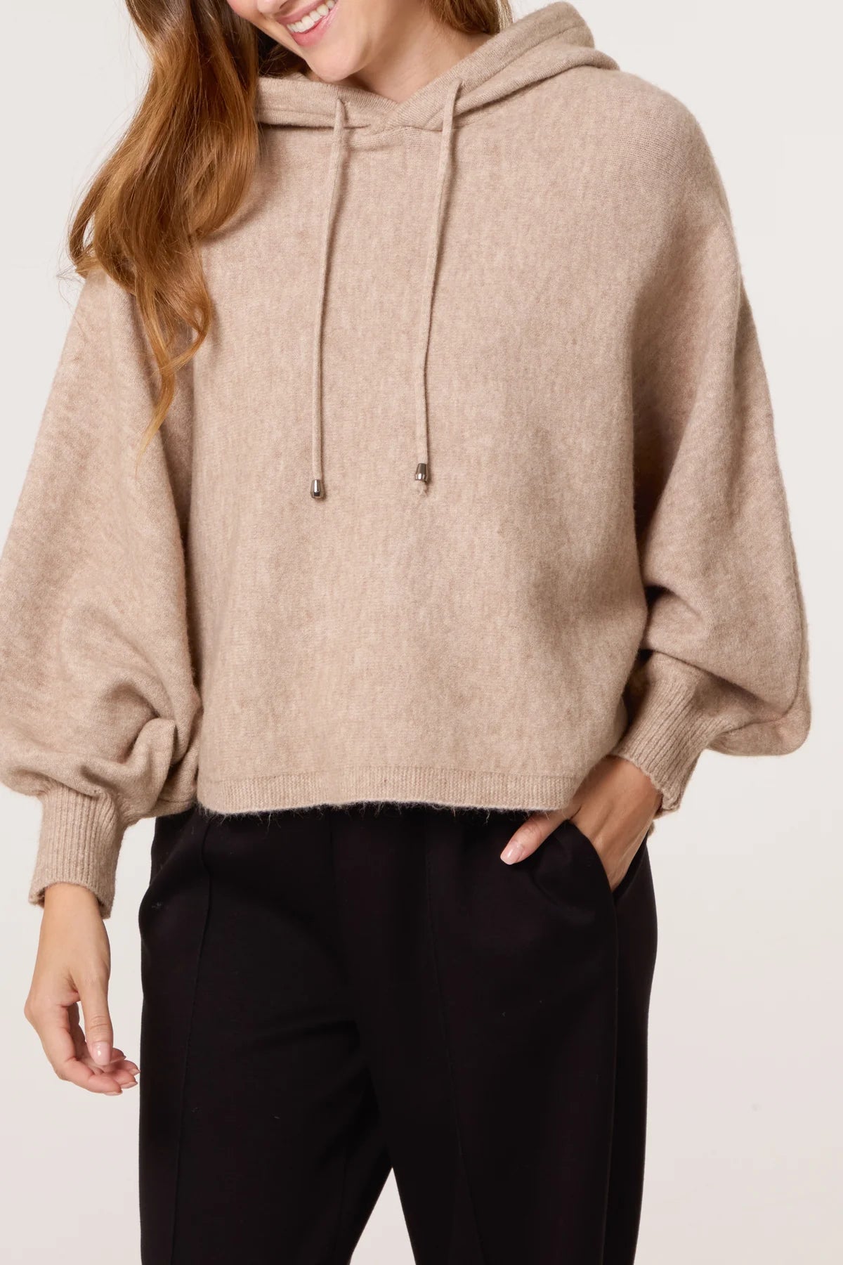 PUFF SLEEVE BOXY KNIT HOODIE MOCHA *New