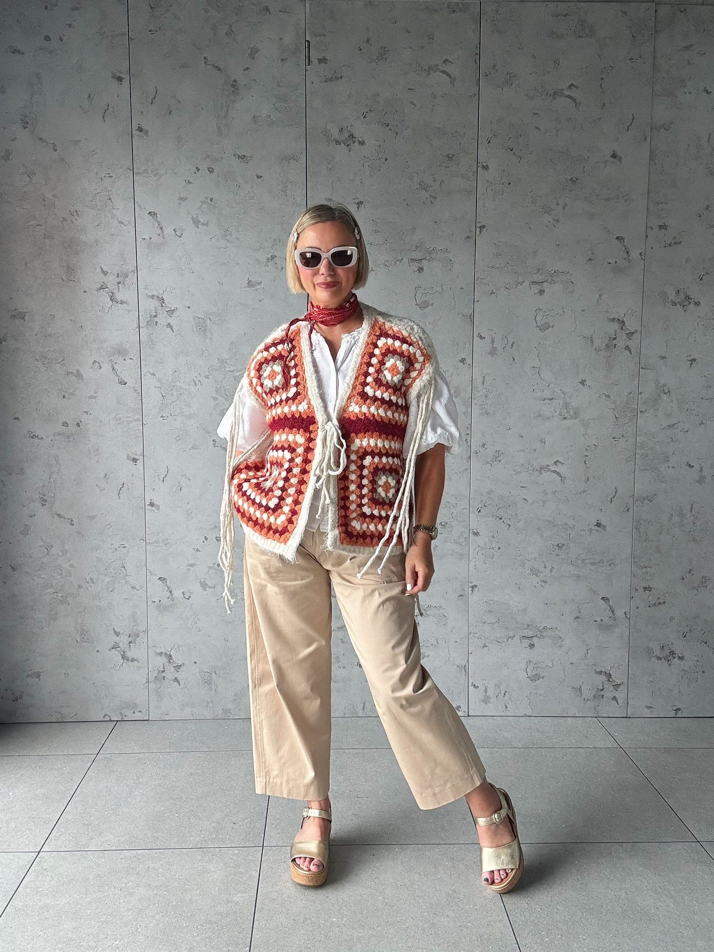 NAVAJO TASSEL OVERSIZED WAISTCOAT CREAM & TERRACOTTA *New
