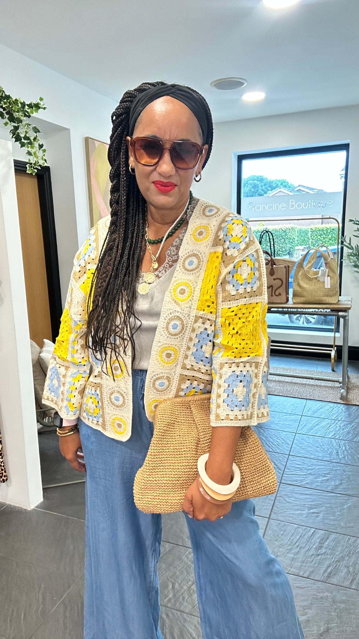 KOKO CROCHET CARDIGAN YELLOW & SKY BLUE *New