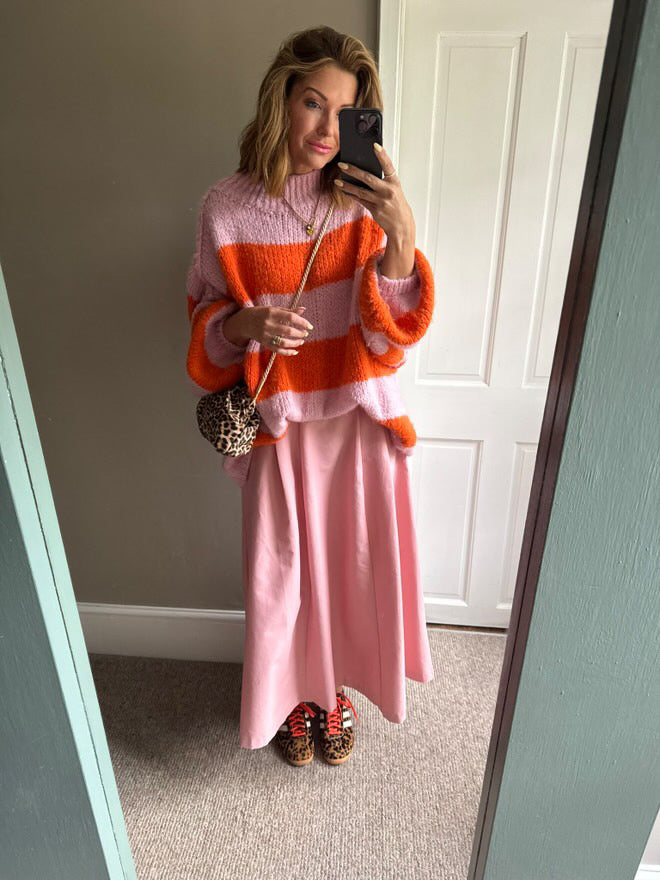 ALEX STRIPED RAW EDGE BALLOON SLEEVED JUMPER FRUIT SALAD ORANGE & PINK *New
