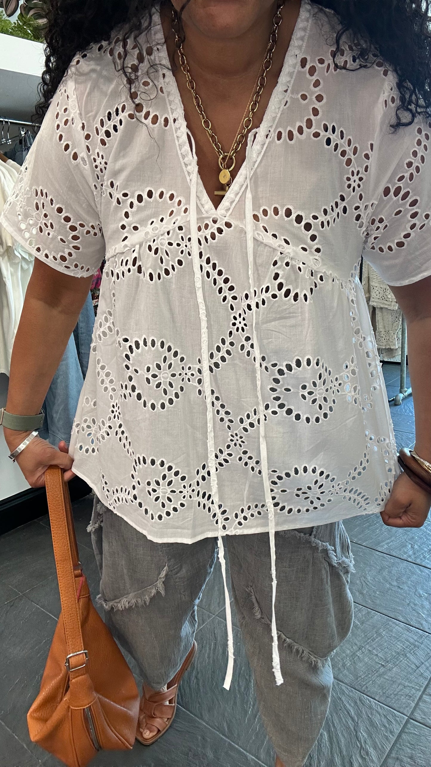 SALE DOT EMBROIDERY ANGLAISE SMOCK TOP WHITE