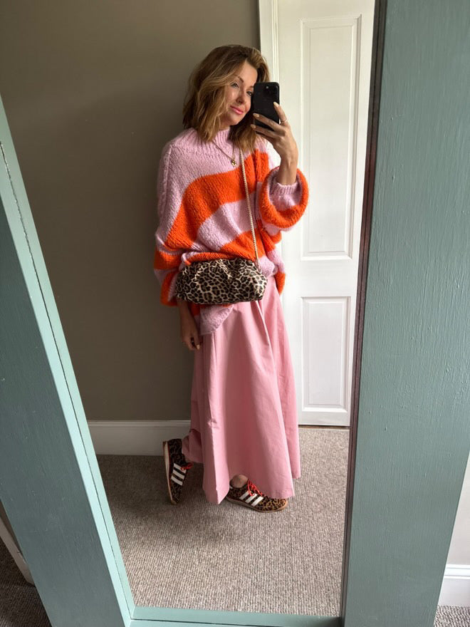 ALEX STRIPED RAW EDGE BALLOON SLEEVED JUMPER FRUIT SALAD ORANGE & PINK *New