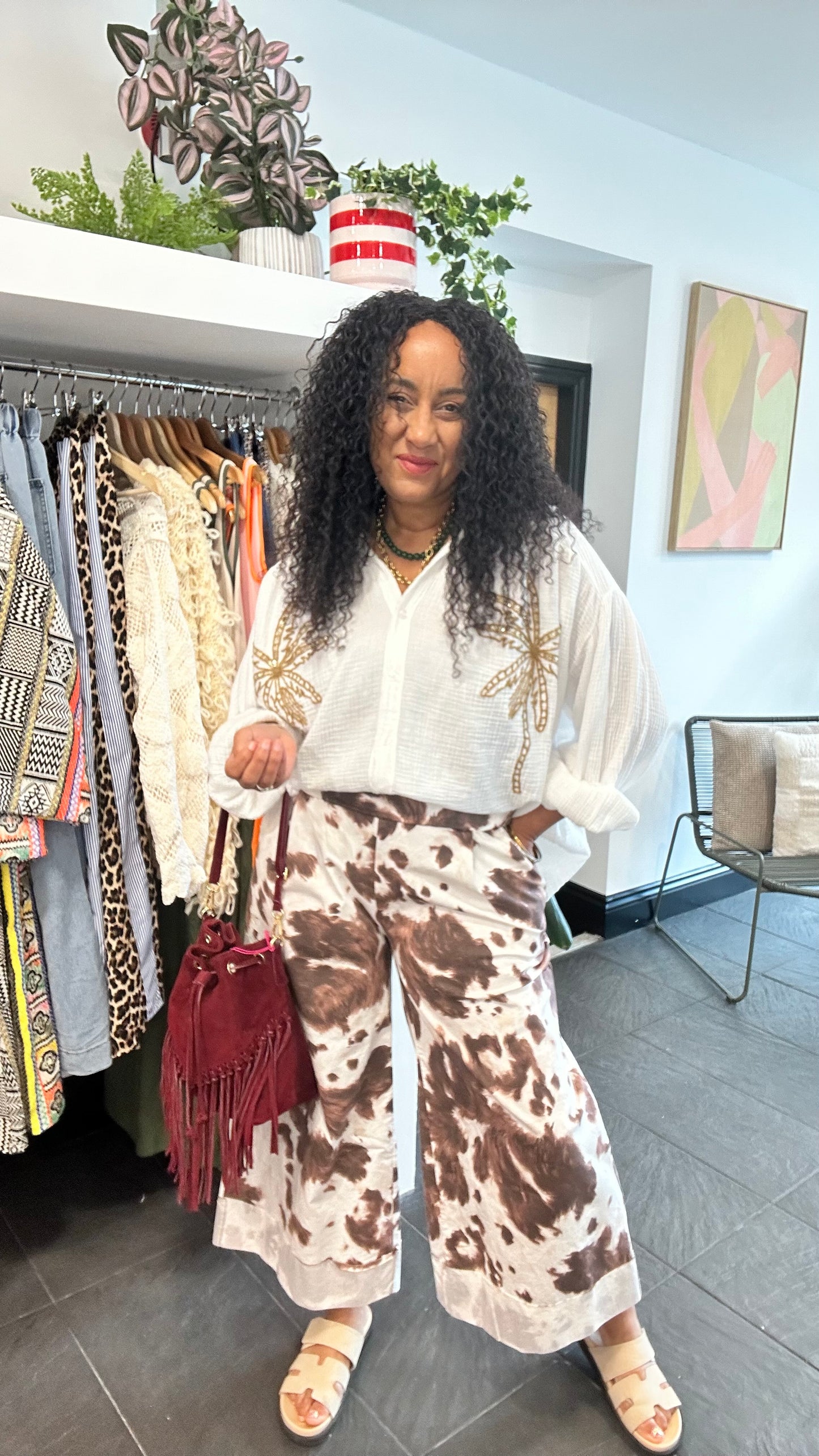SALE COW PRINT WIDE LEG TROUSERS