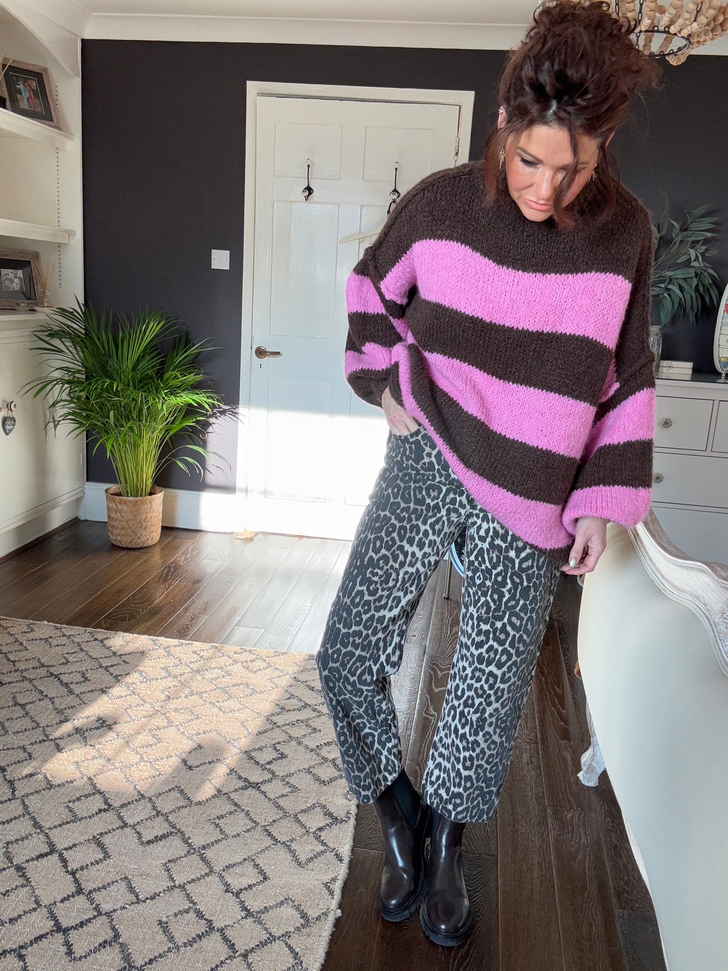 ALEX STRIPED RAW EDGE BALLOON SLEEVED JUMPER RASPBERRY TRUFFLE PINK & CHOCOLATE *New
