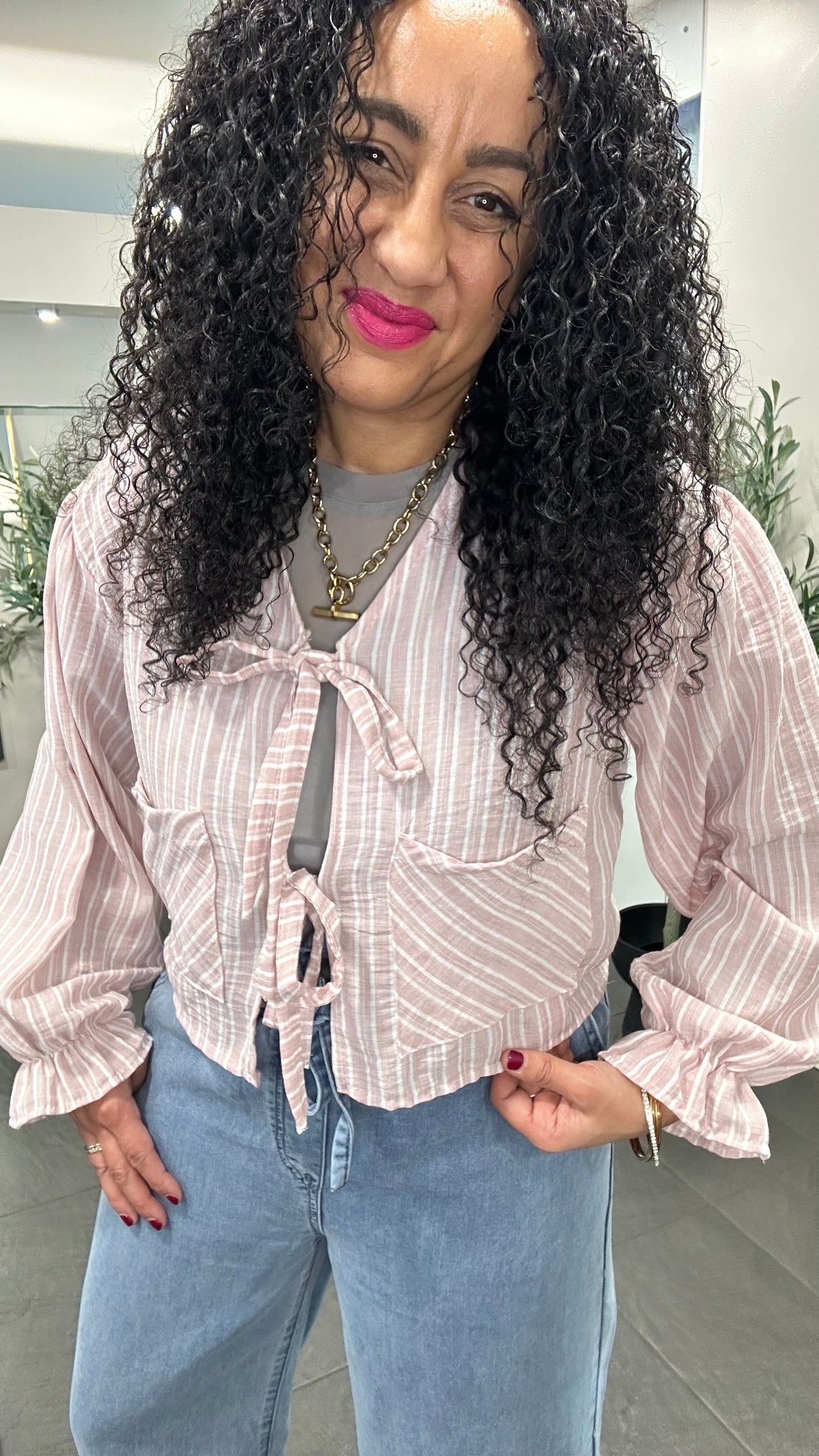SALE AMY STRIPED FRONT TIE BLOUSE BLUSH PINK