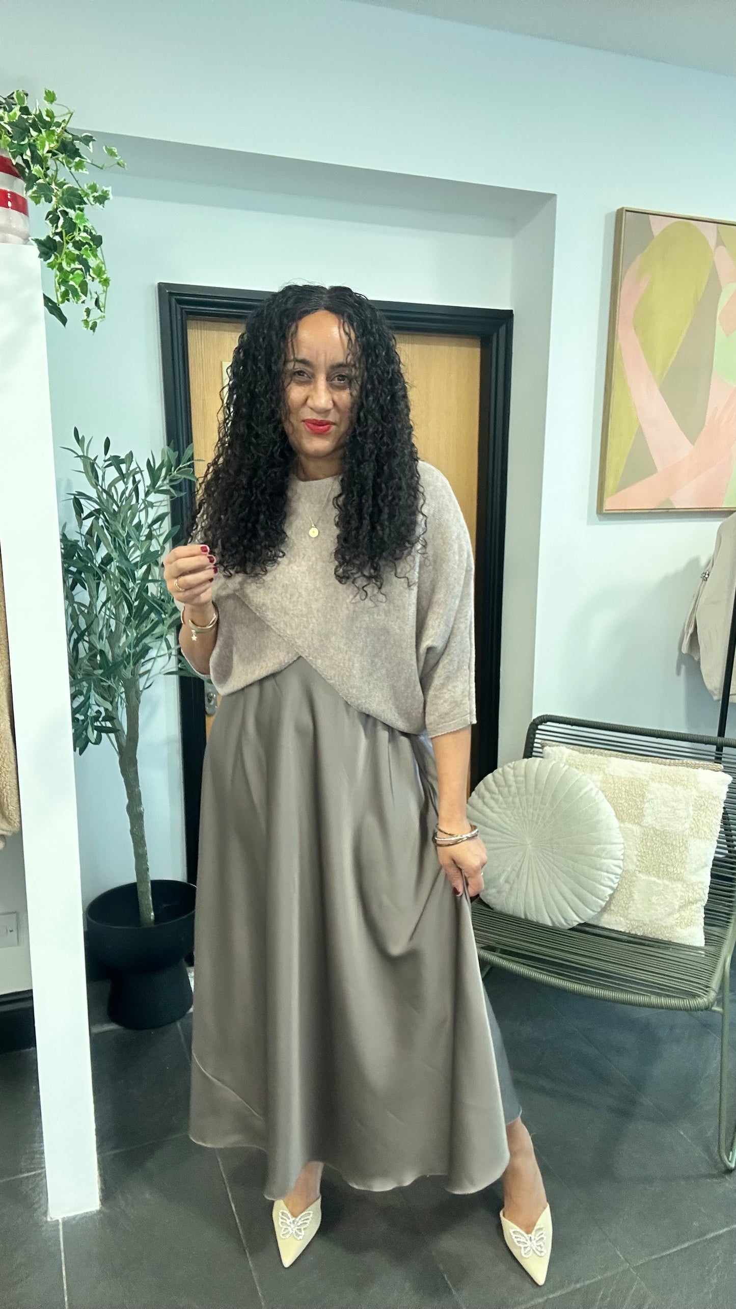 MABLE OPEN KNIT AND SATIN MAXI DRESS MOCHA *New
