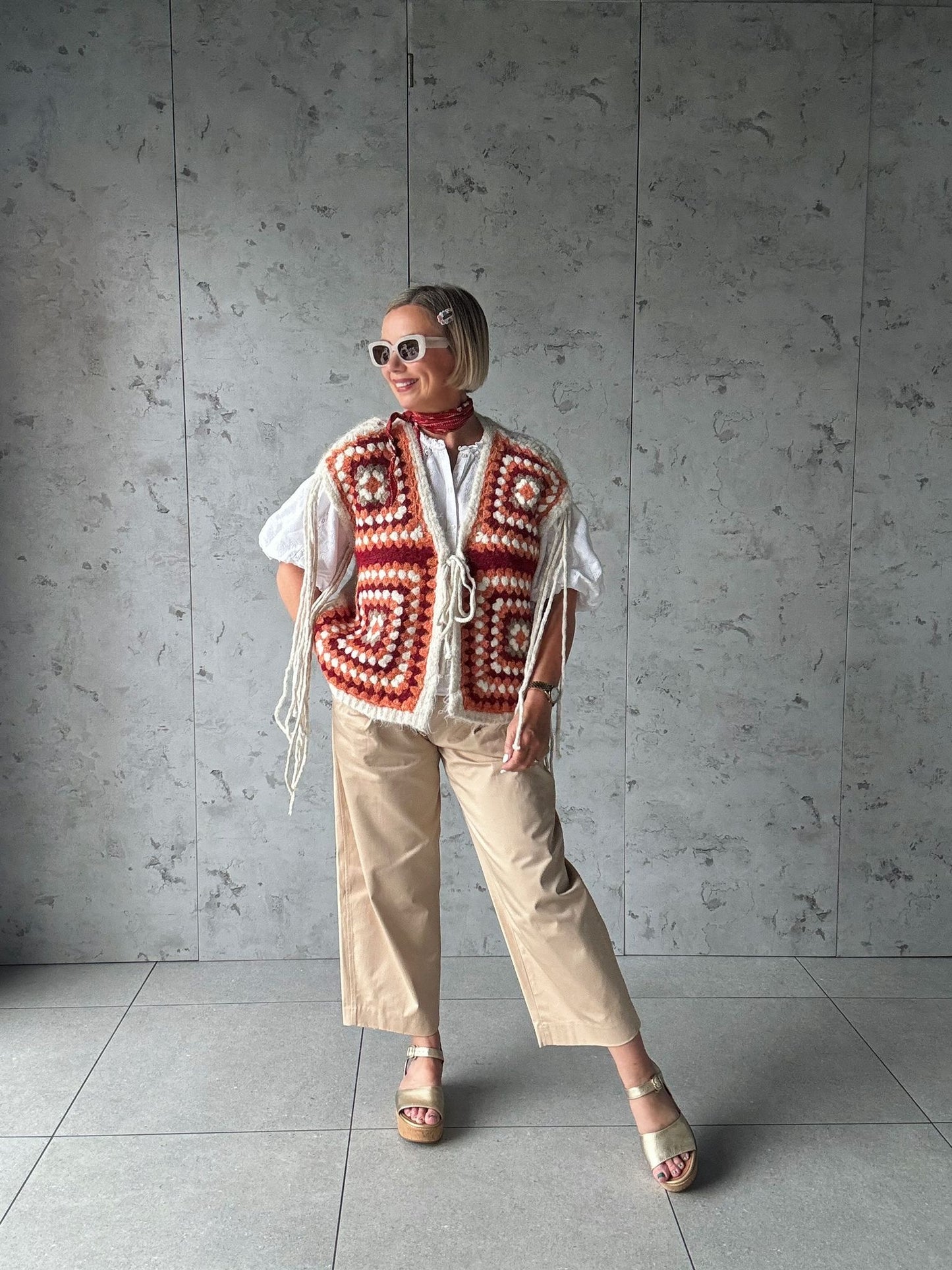 NAVAJO TASSEL OVERSIZED WAISTCOAT CREAM & TERRACOTTA *New