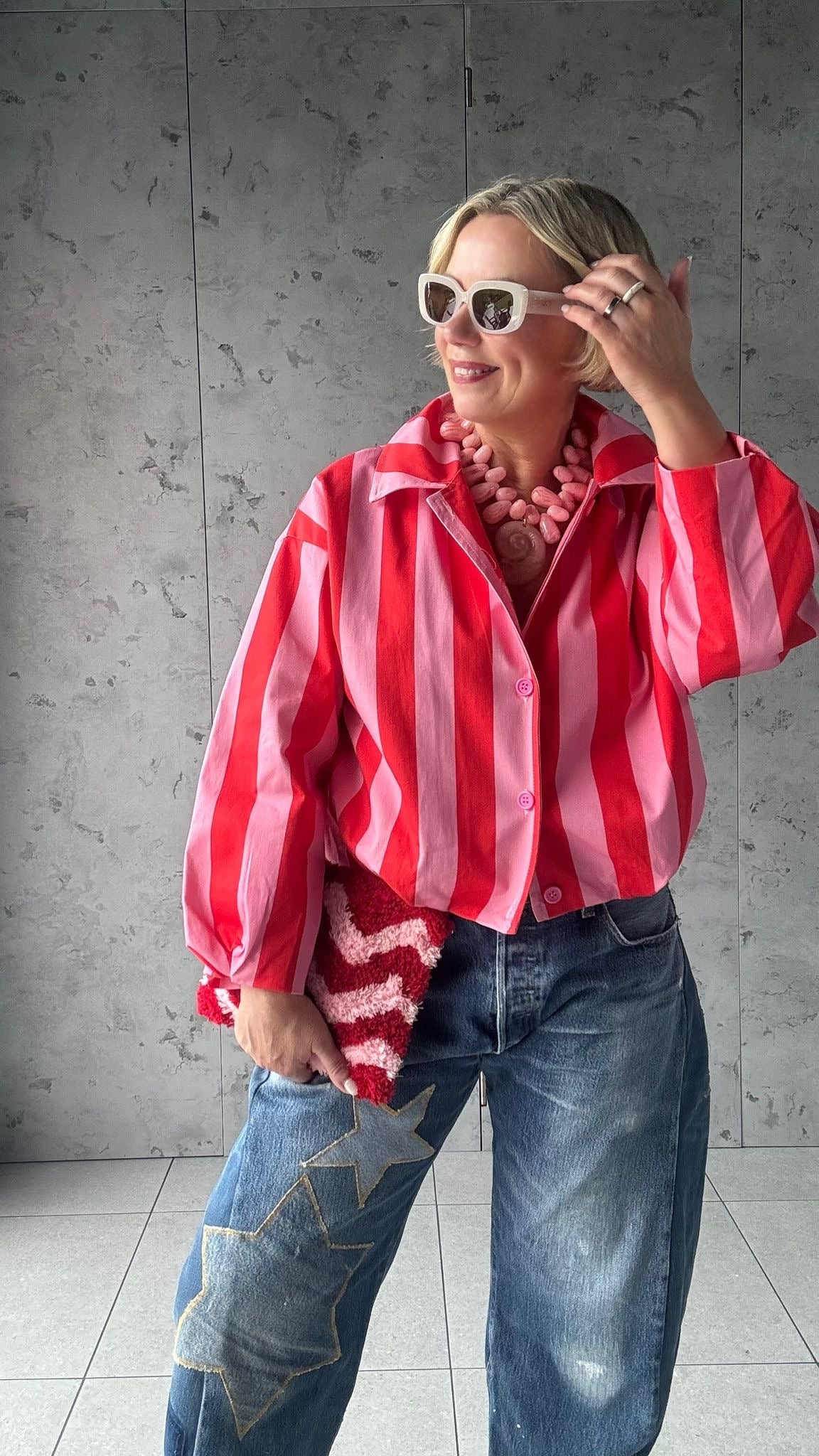 CANDY STRIPE DENIM JACKET PINK & RED *New