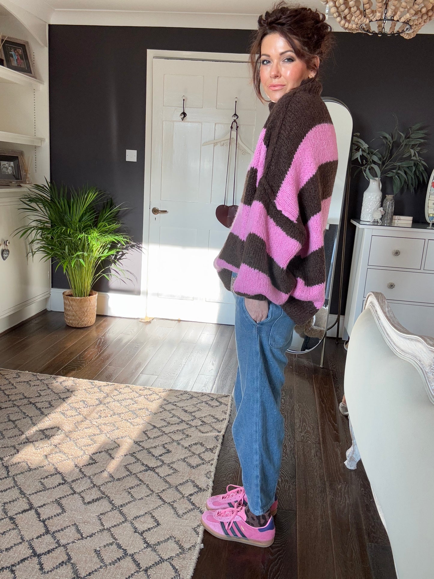 ALEX STRIPED RAW EDGE BALLOON SLEEVED JUMPER RASPBERRY TRUFFLE PINK & CHOCOLATE *New
