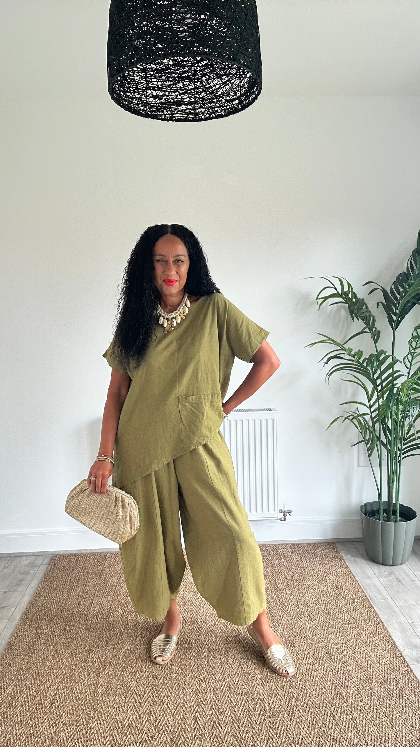 KALEL LINEN MIX COCOON TROUSERS OLIVE GREEN *New