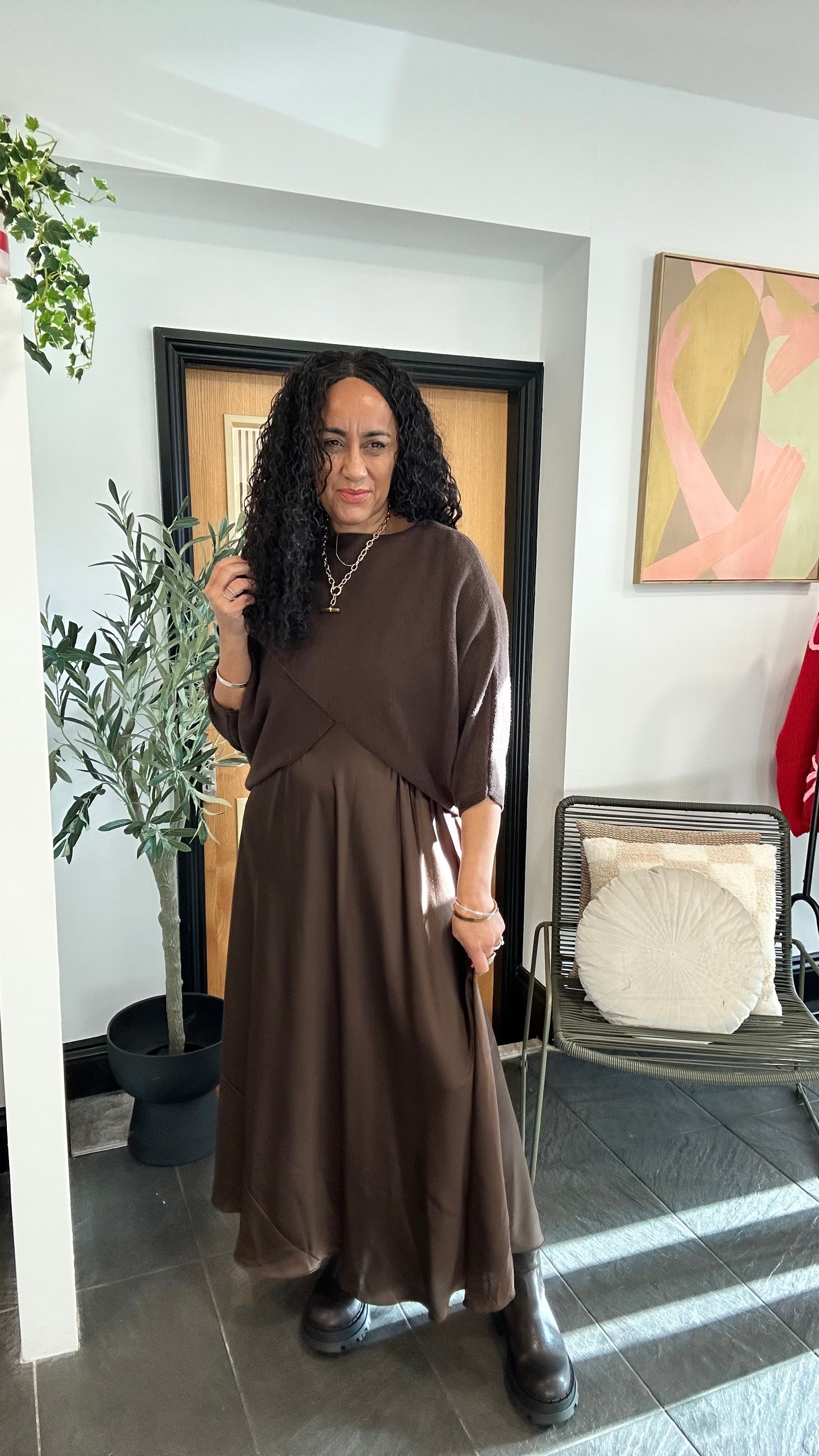 SALE MABLE OPEN KNIT AND SATIN MAXI DRESS DEEP BROWN *New