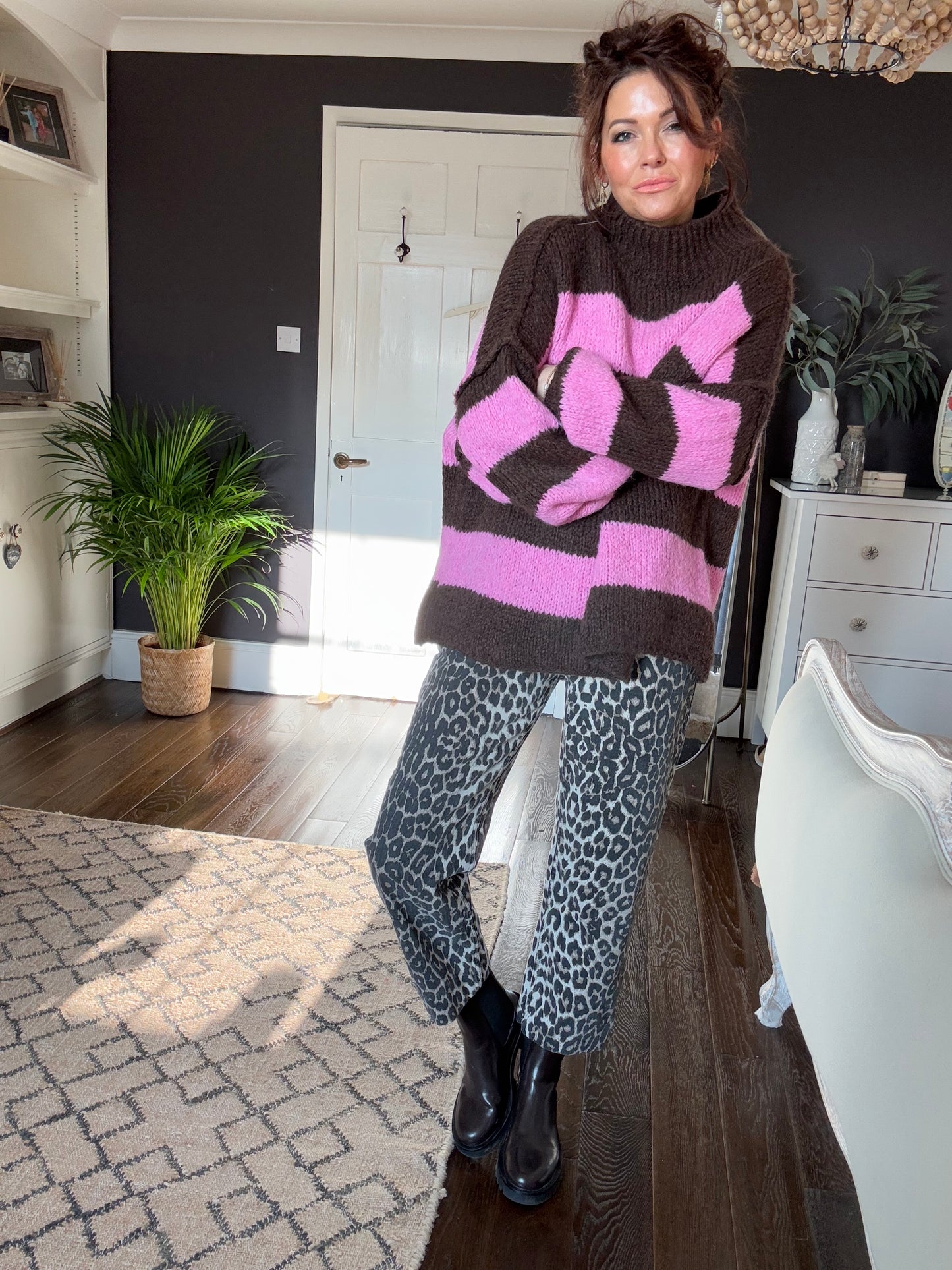 ALEX STRIPED RAW EDGE BALLOON SLEEVED JUMPER RASPBERRY TRUFFLE PINK & CHOCOLATE *New