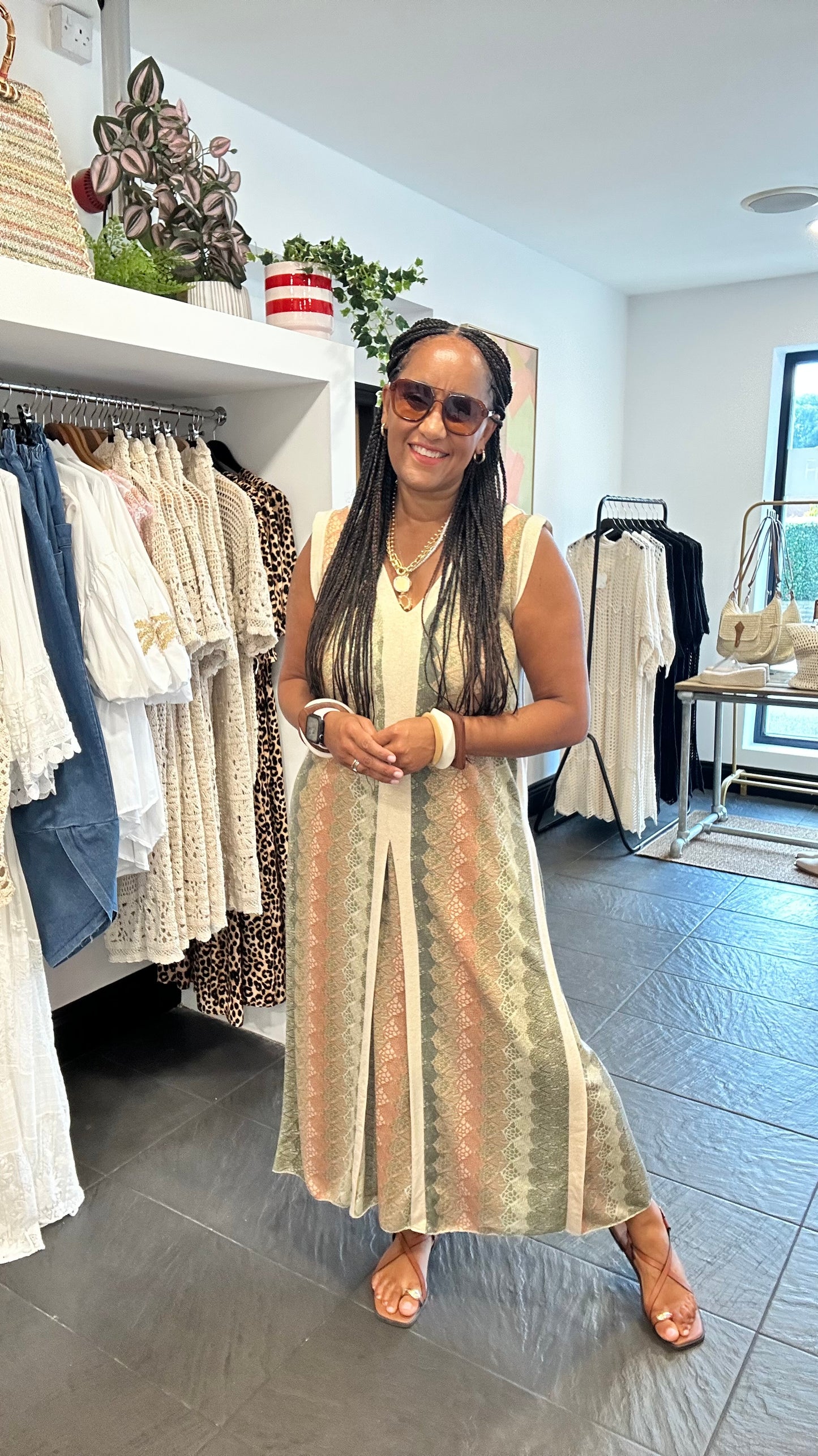 SAFI WOVEN MAXI DRESS GREEN & CREAM *New
