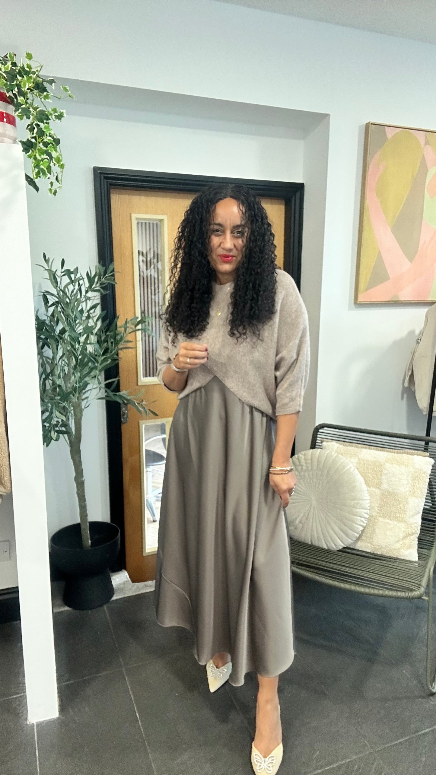 MABLE OPEN KNIT AND SATIN MAXI DRESS MOCHA *New