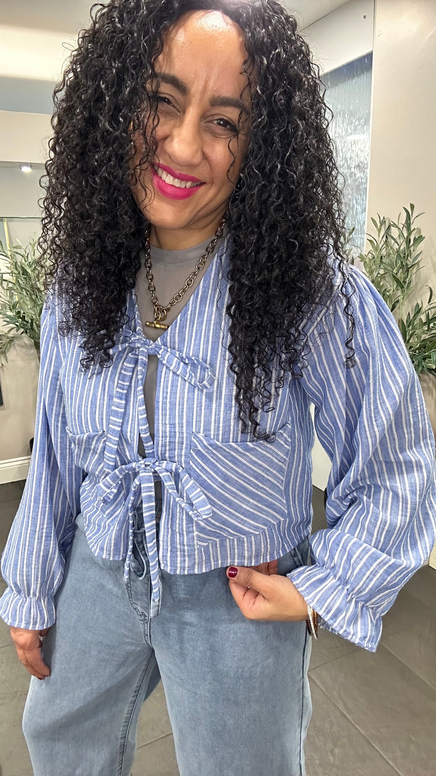 SALE AMY STRIPED TIE BLOUSE BLUE